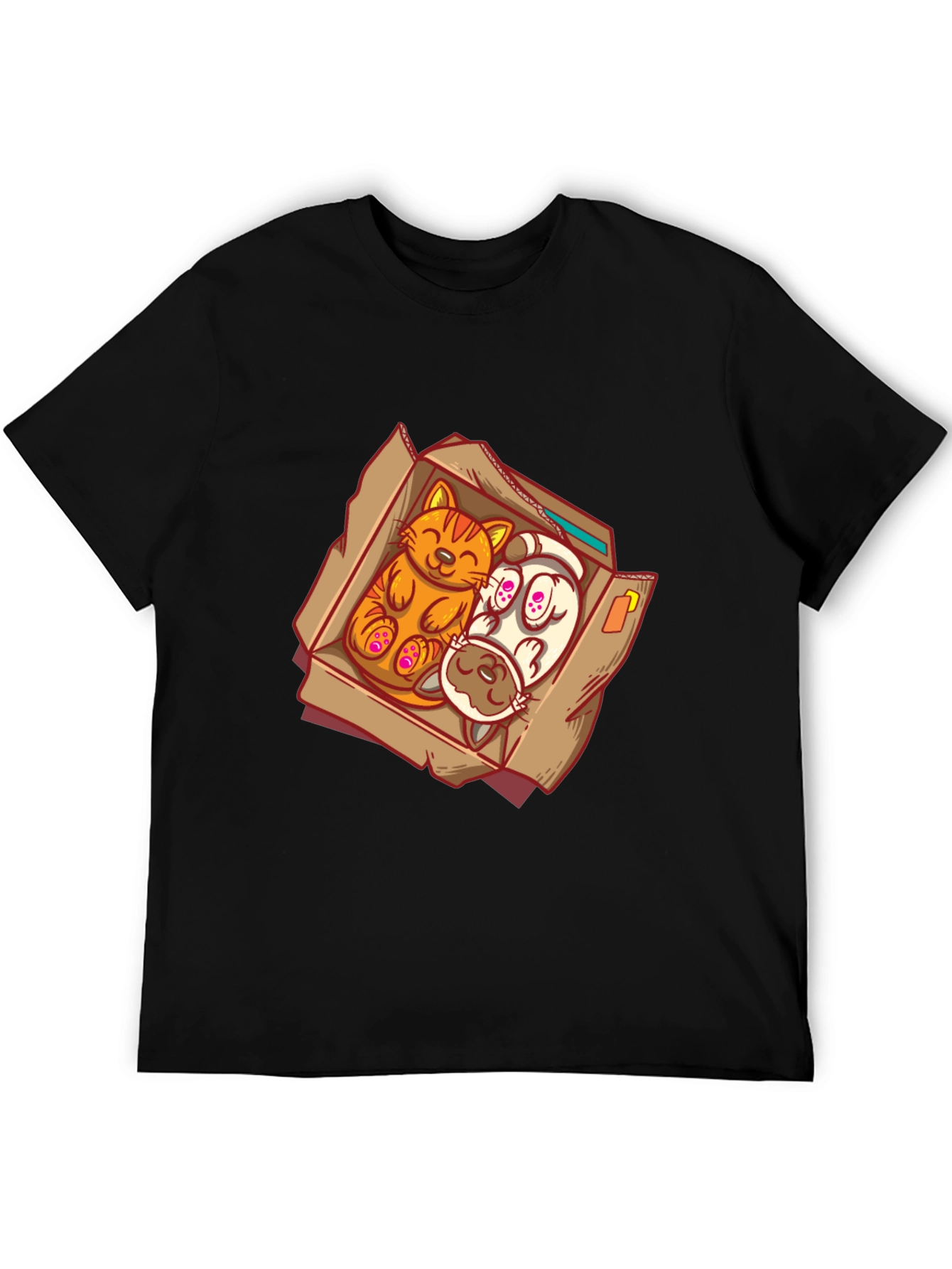 Cat and Dog Cartoon Graphic Tee - Black