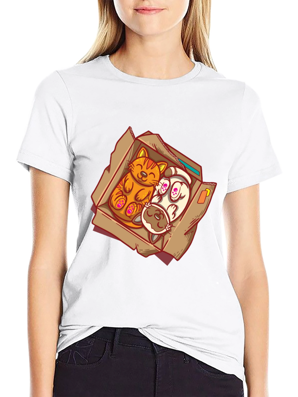 Cat and Dog Cartoon Graphic Tee - Black