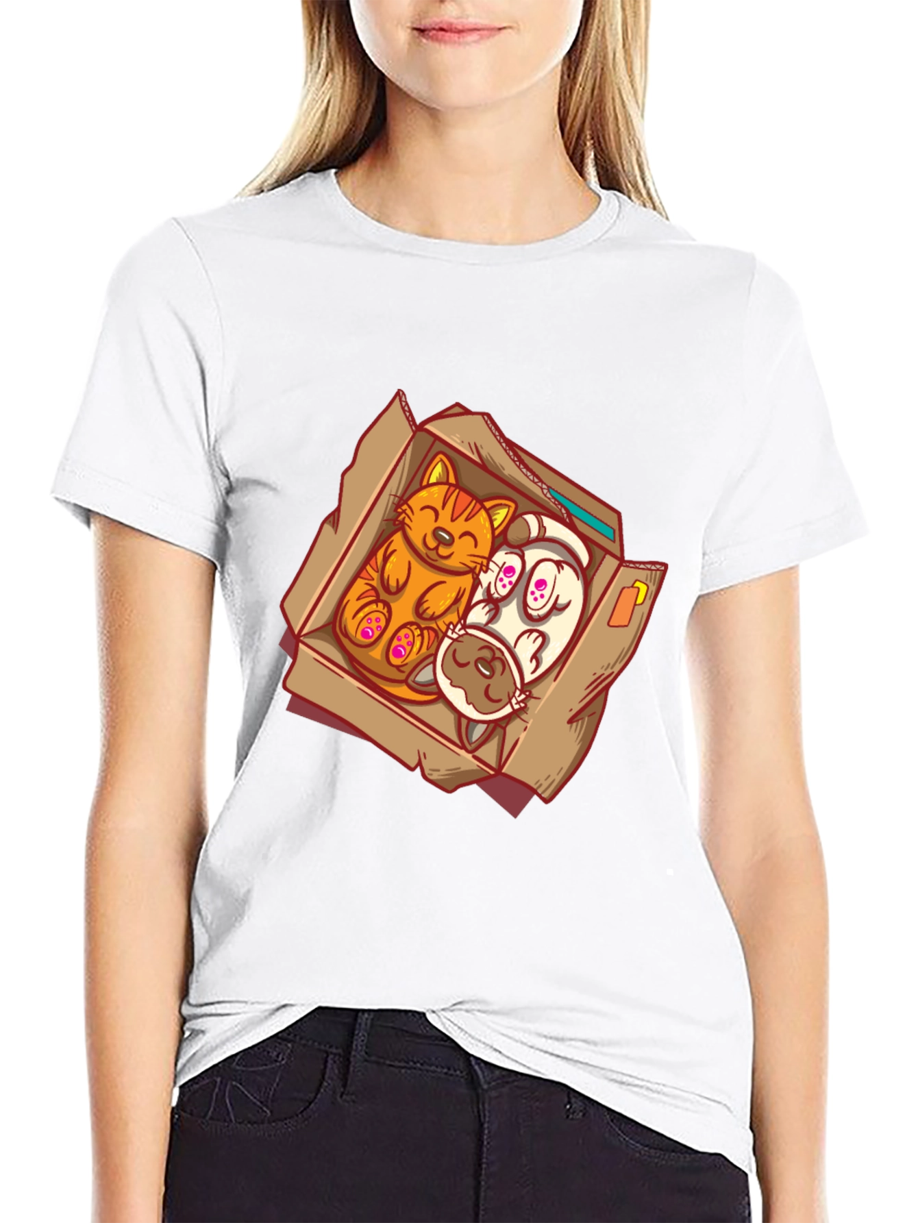 Cat and Dog Cartoon Graphic Tee - Black