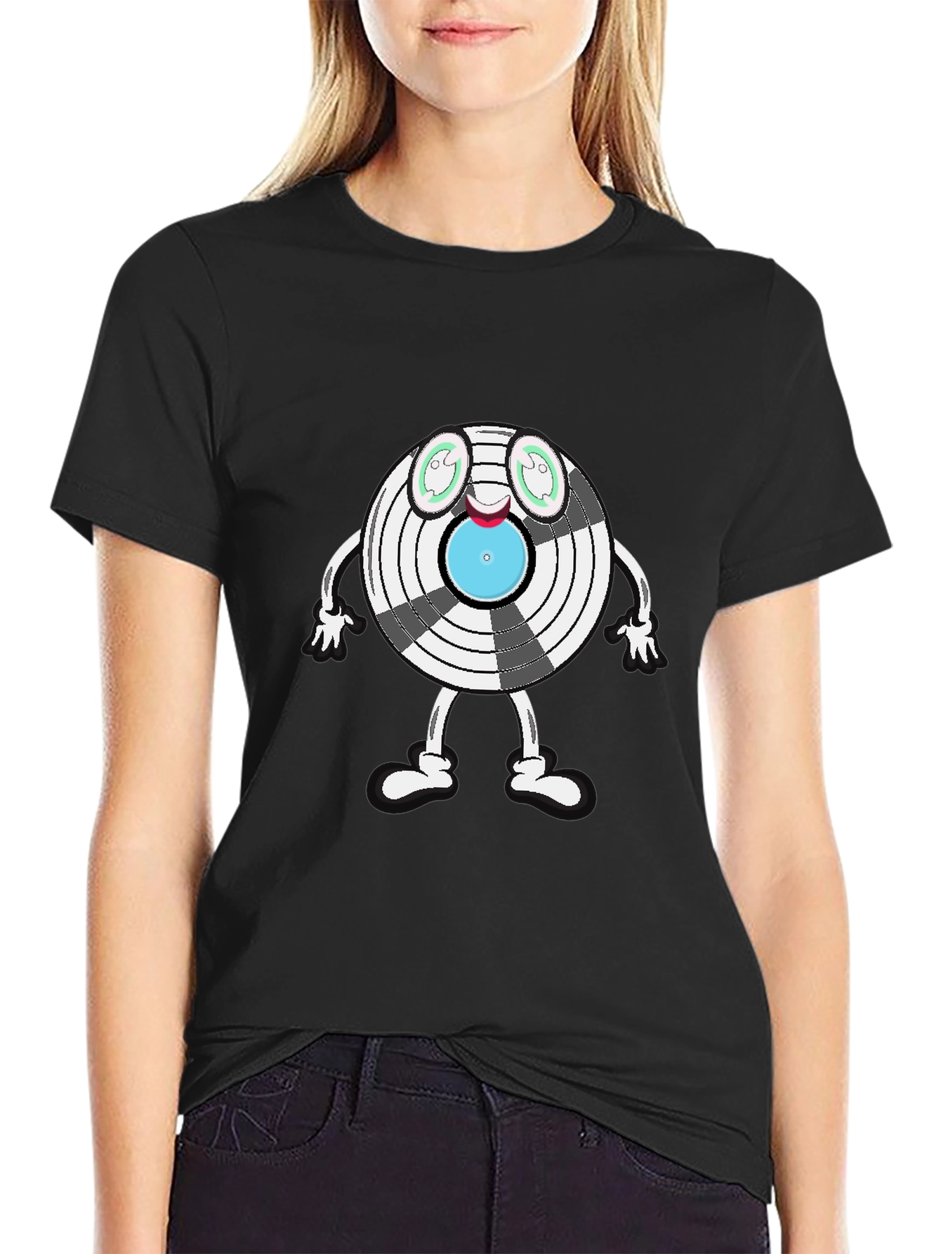 Novelty Cartoon Record Graphic Tee - Black