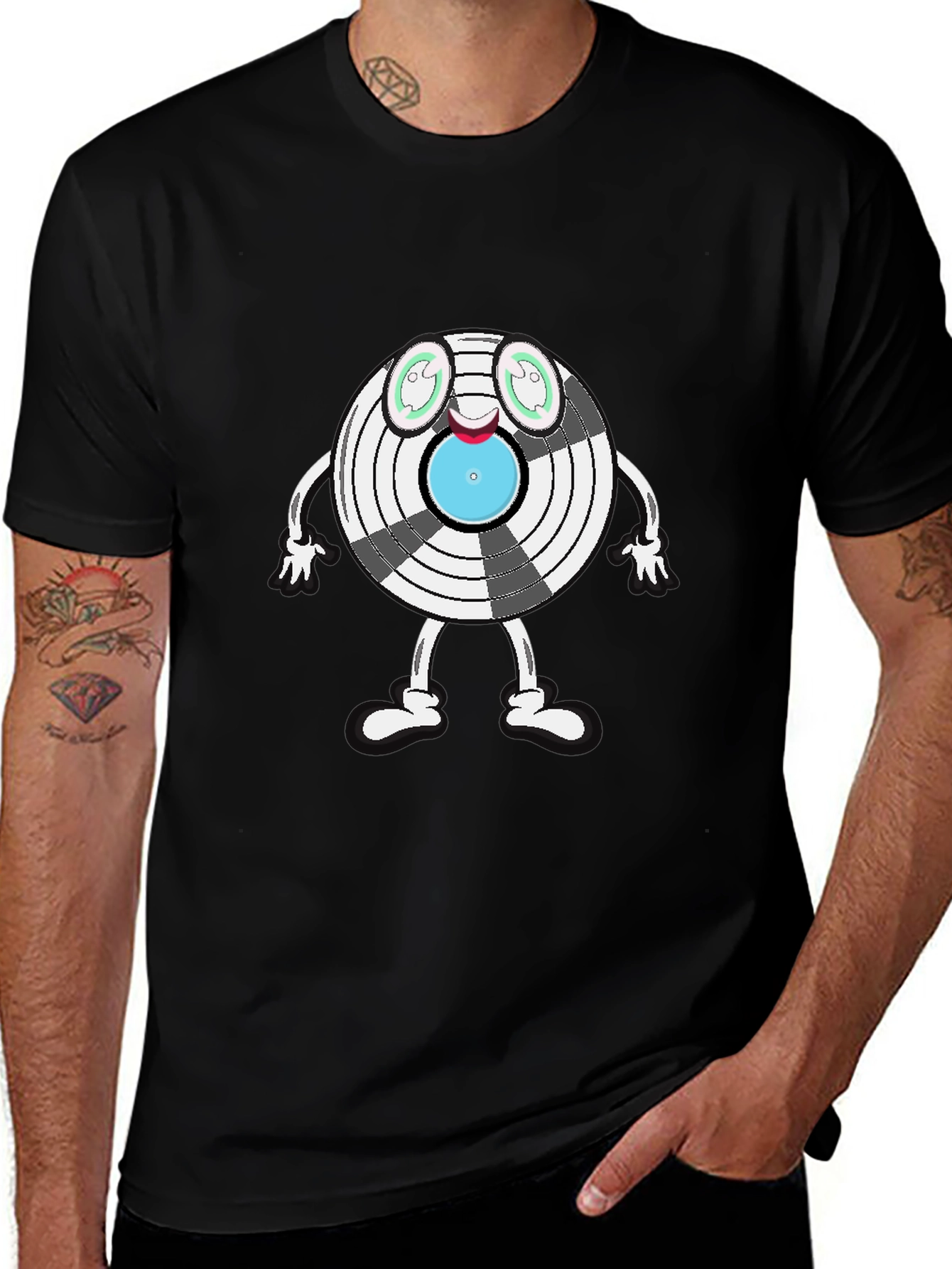 Novelty Cartoon Record Graphic Tee - Black