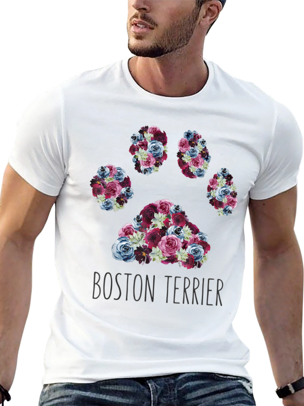 Boston Terrier Paw Print Floral T-Shirt