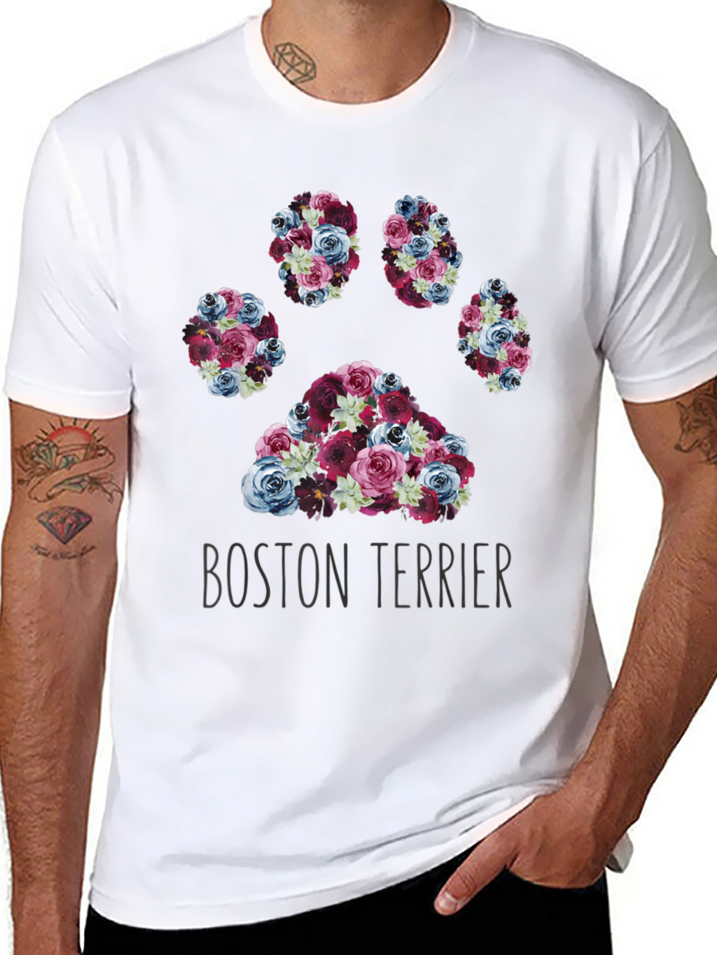 Boston Terrier Paw Print Floral T-Shirt