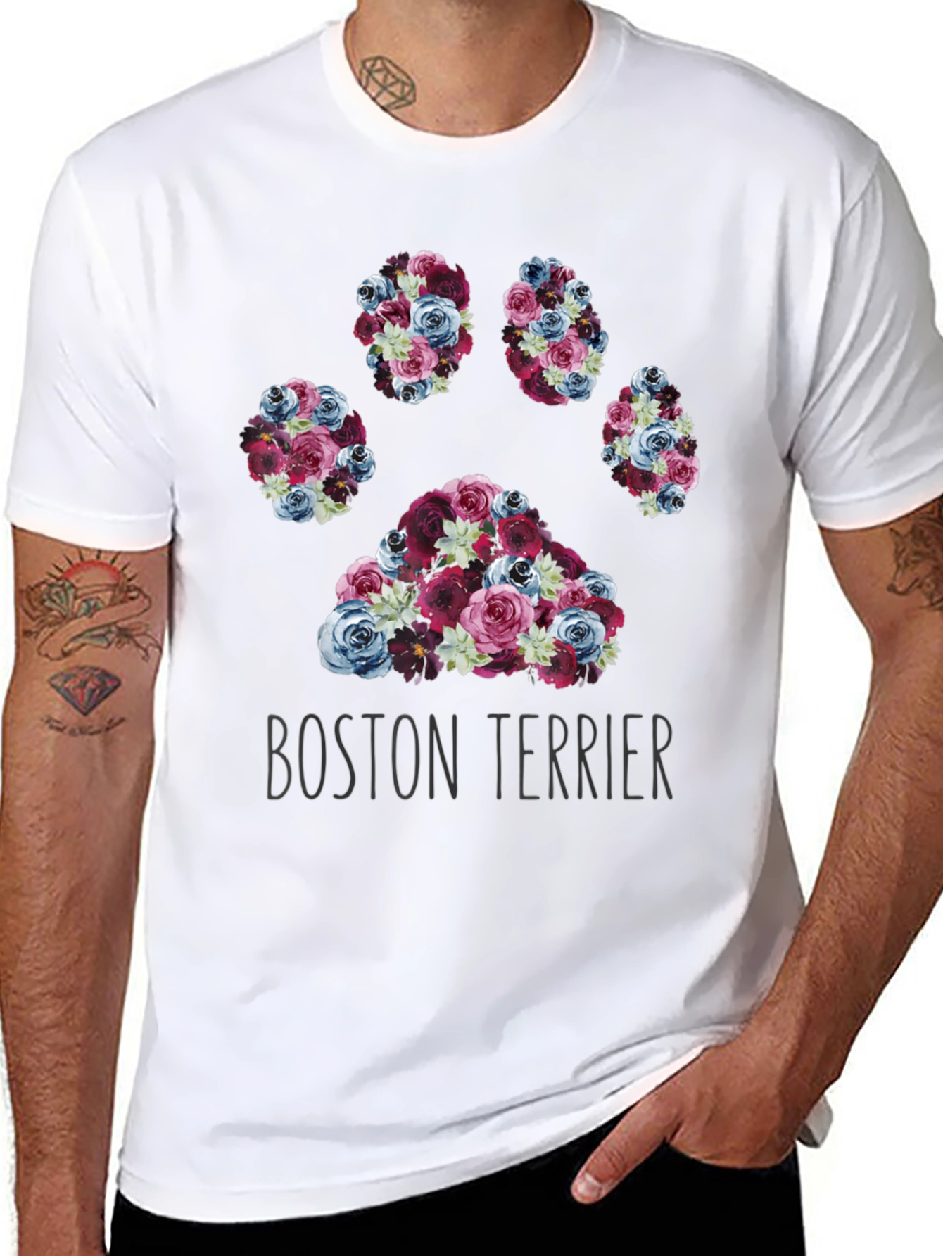 Boston Terrier Paw Print Floral T-Shirt