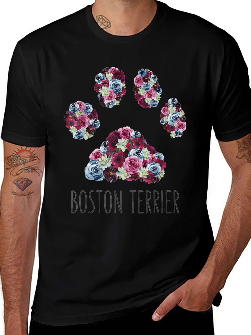 Boston Terrier Paw Print Floral T-Shirt