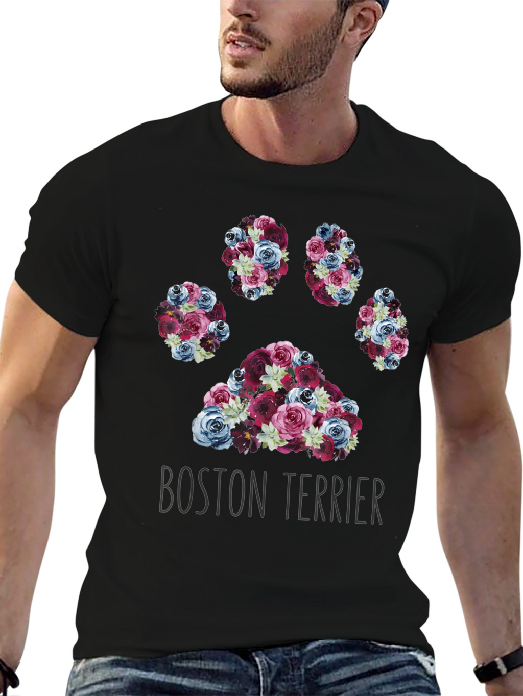 Boston Terrier Paw Print Floral T-Shirt