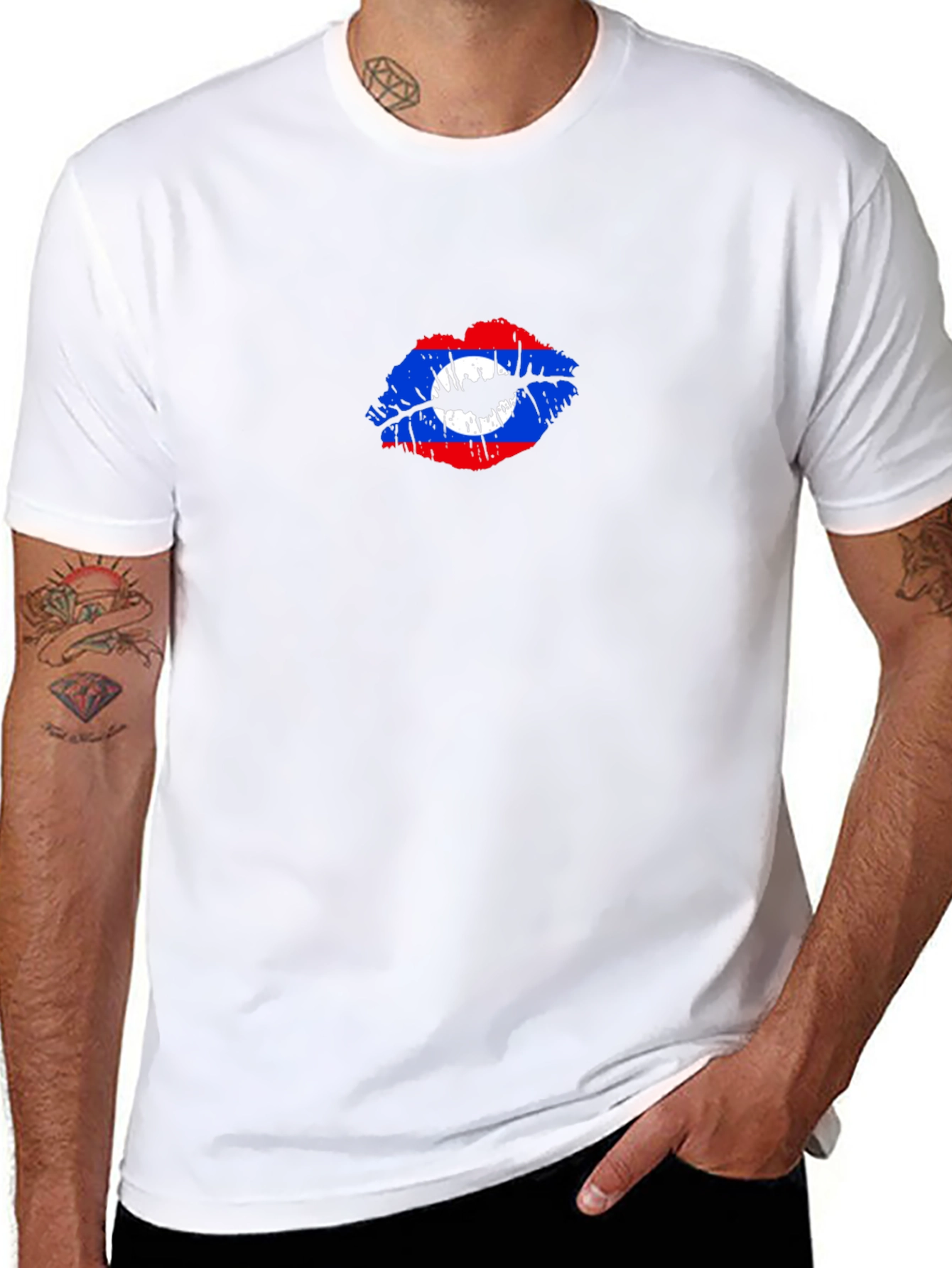 Lao Flag Lips T-Shirt - Black Crew Neck Tee