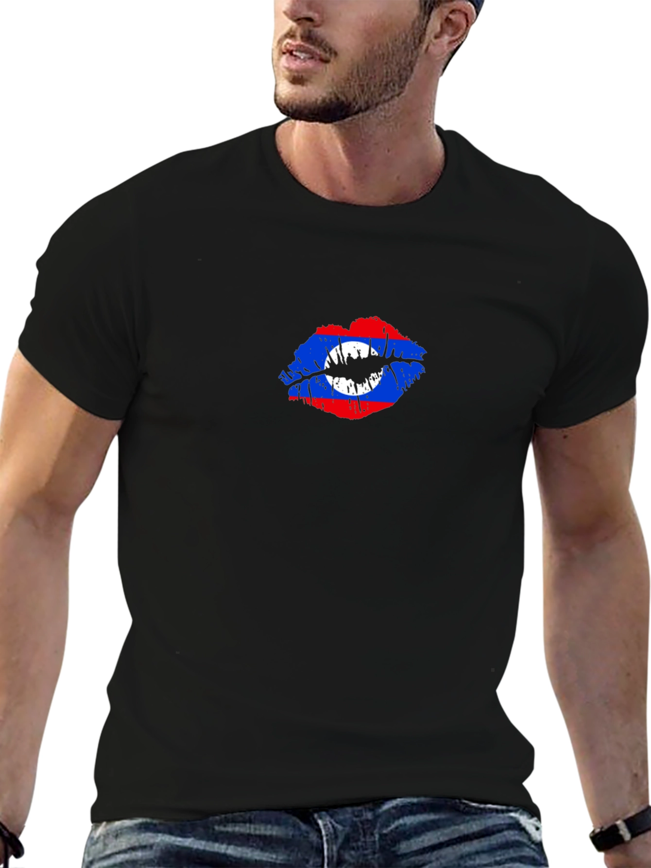 Lao Flag Lips T-Shirt - Black Crew Neck Tee