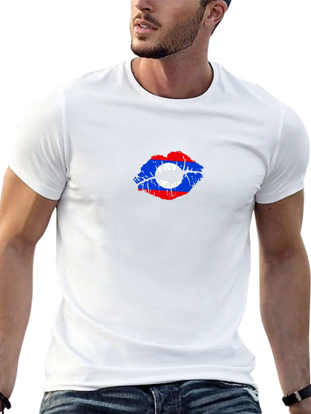 Lao Flag Lips T-Shirt - Black Crew Neck Tee