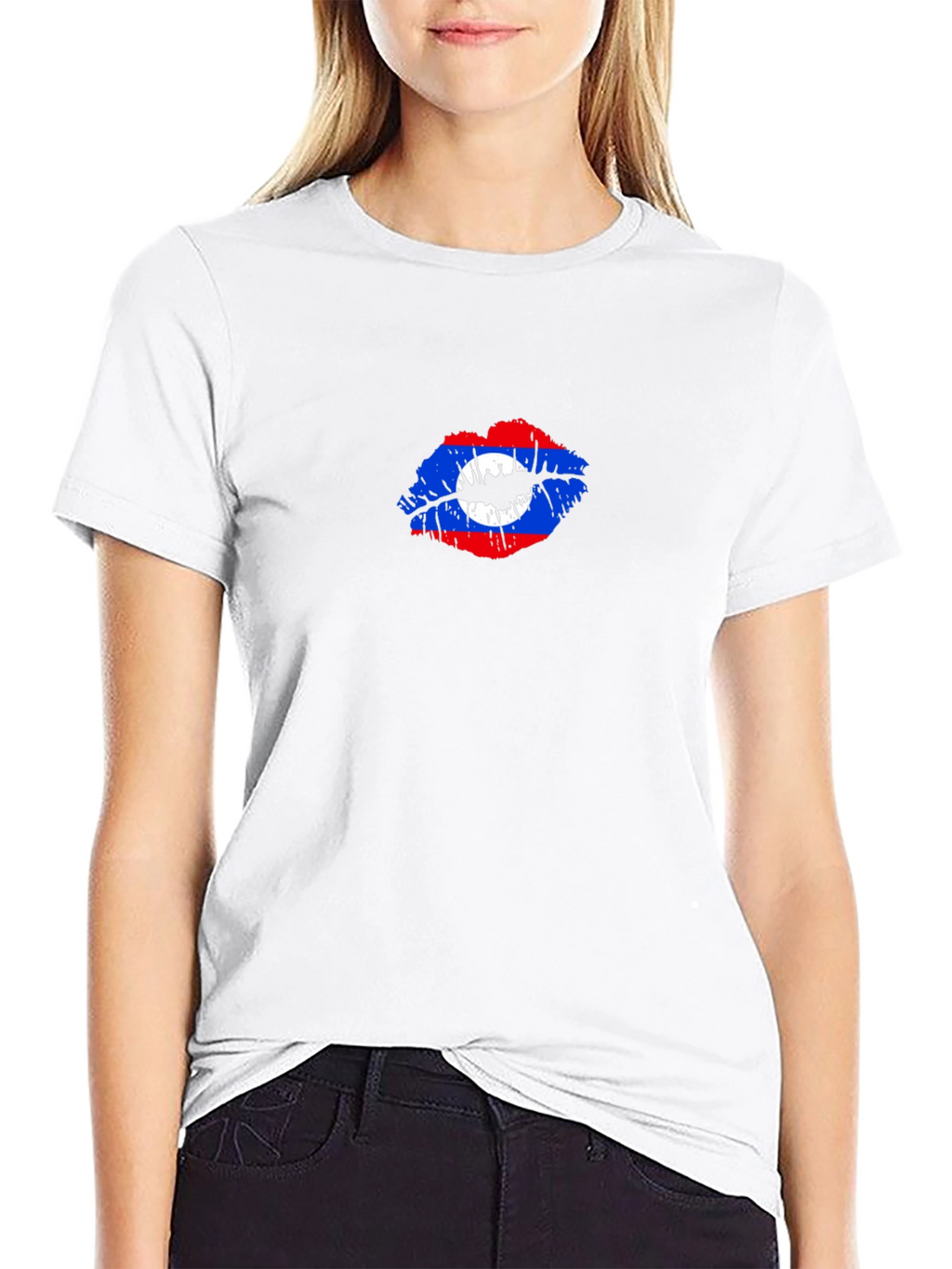Lao Flag Lips T-Shirt - Black Crew Neck Tee