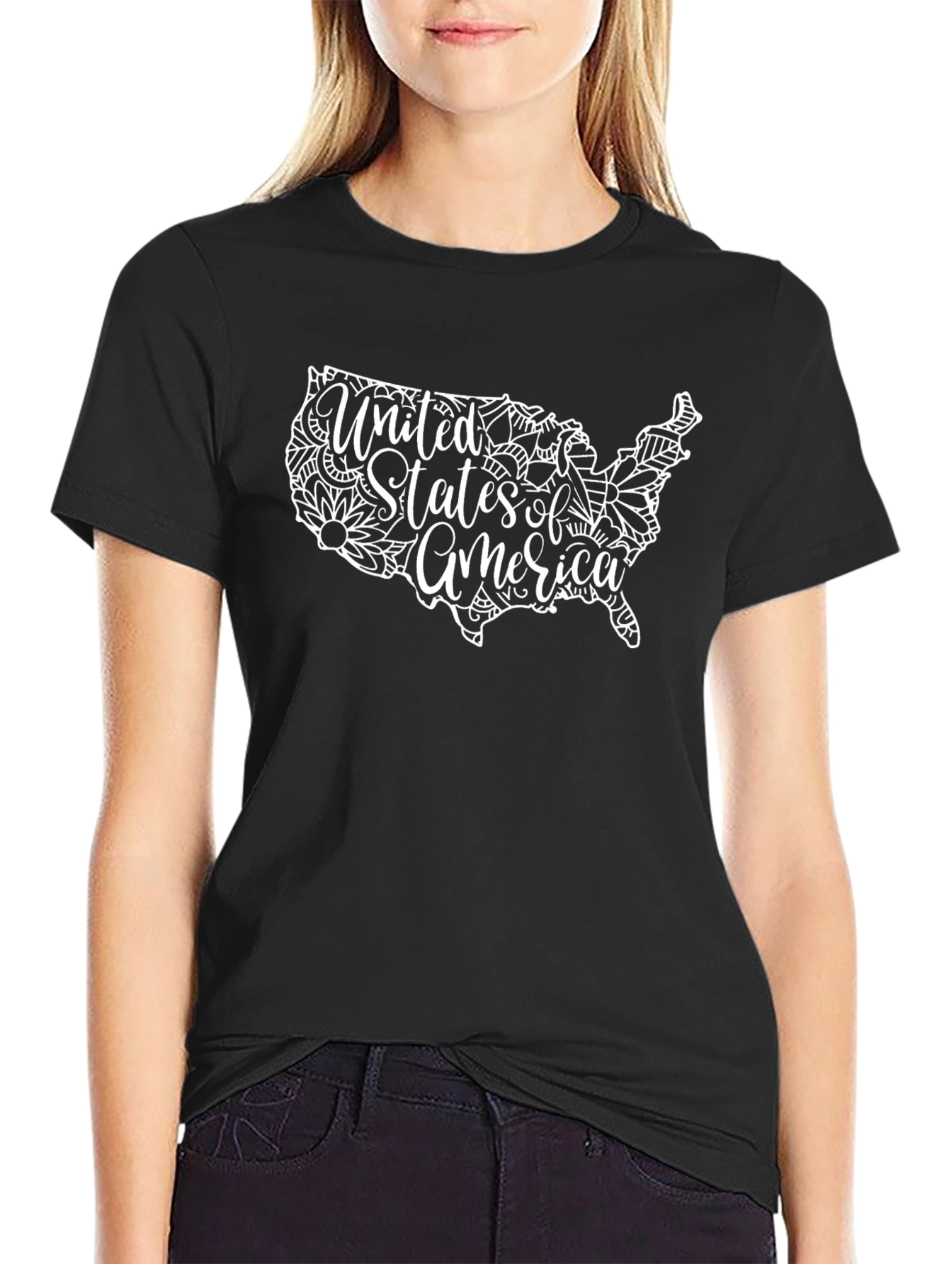 USA Floral Map Graphic Tee - Black Cotton Casual Shirt