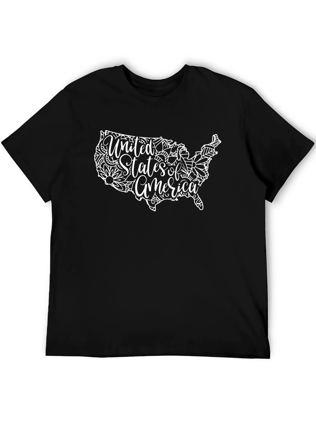 USA Floral Map Graphic Tee - Black Cotton Casual Shirt
