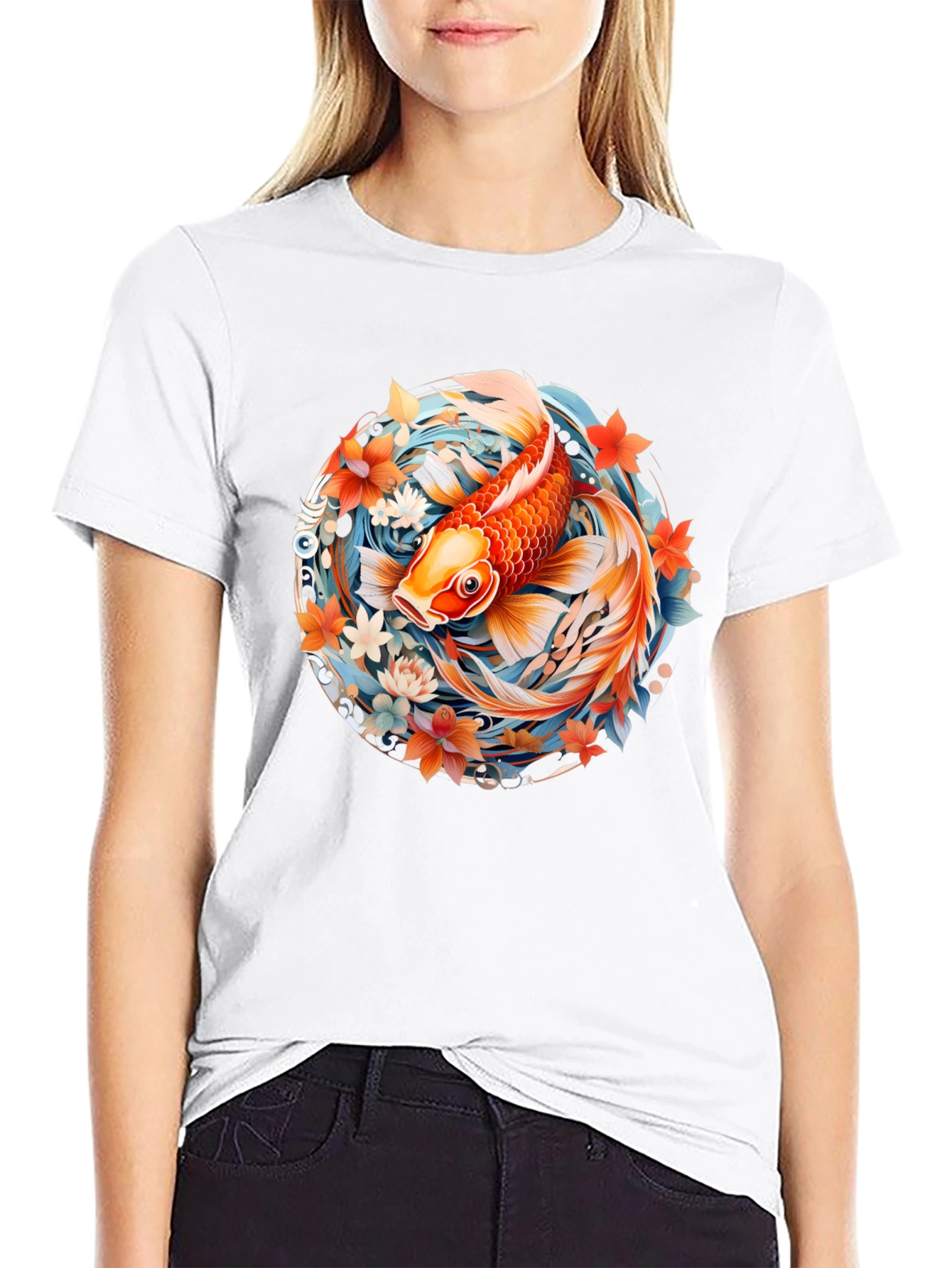 Koi Fish Graphic Print Black T-Shirt