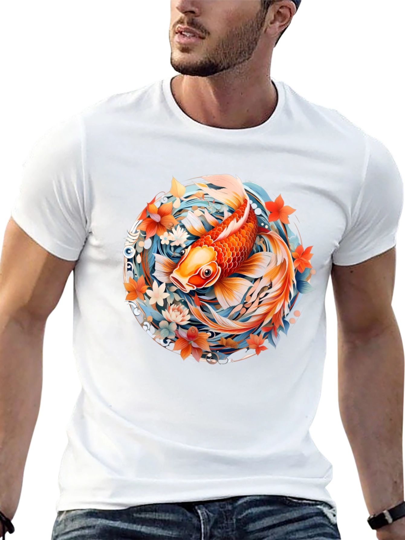 Koi Fish Graphic Print Black T-Shirt