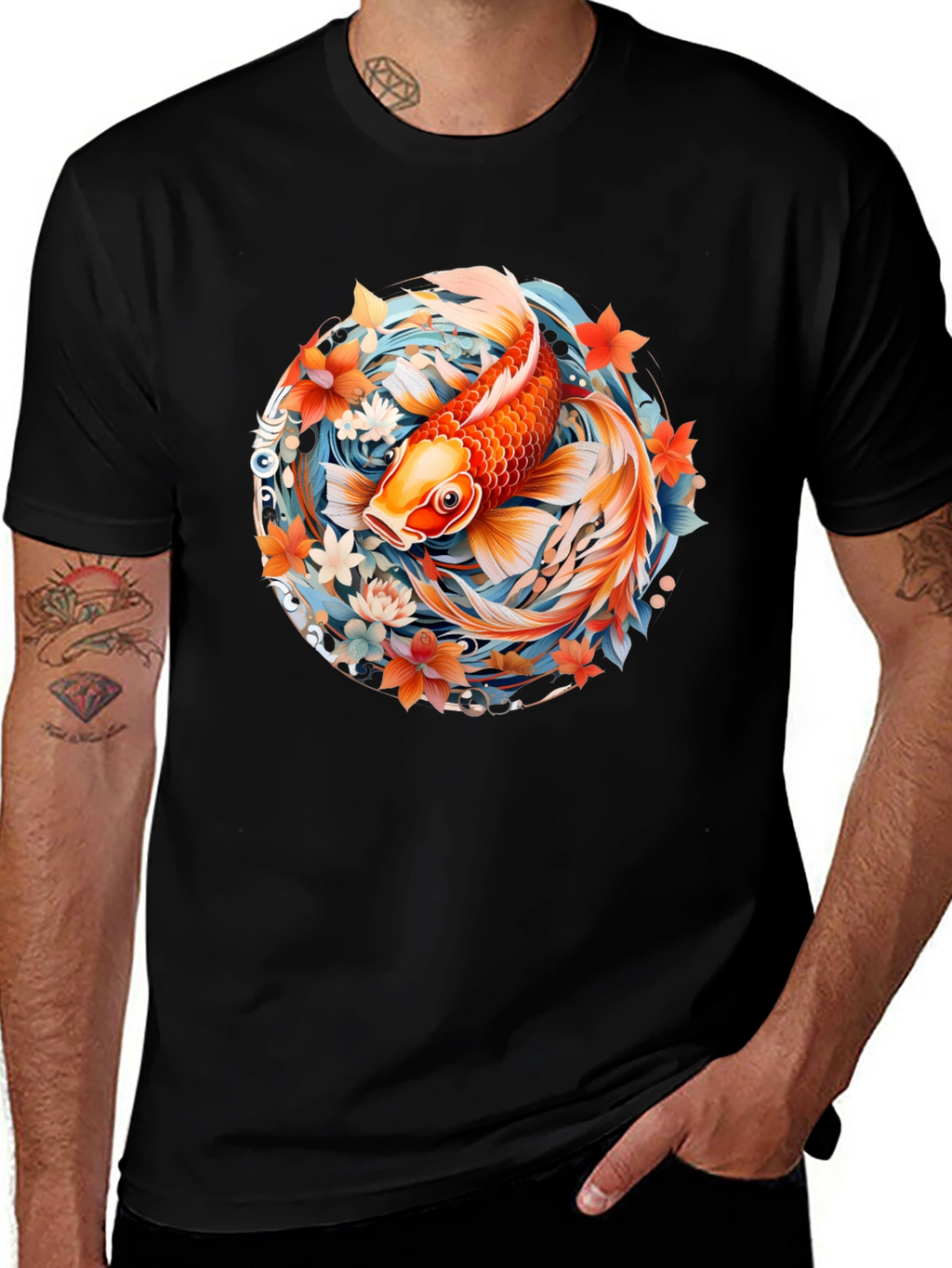 Koi Fish Graphic Print Black T-Shirt