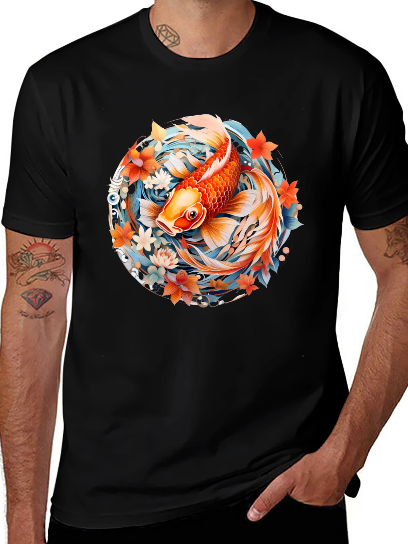 Koi Fish Graphic Print Black T-Shirt