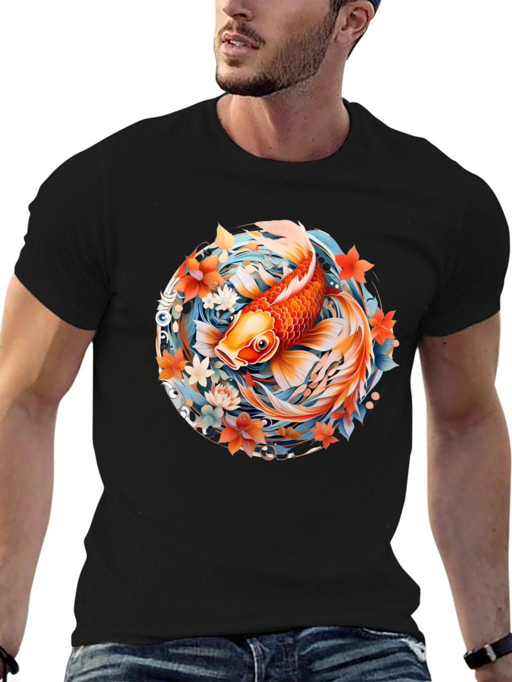Koi Fish Graphic Print Black T-Shirt