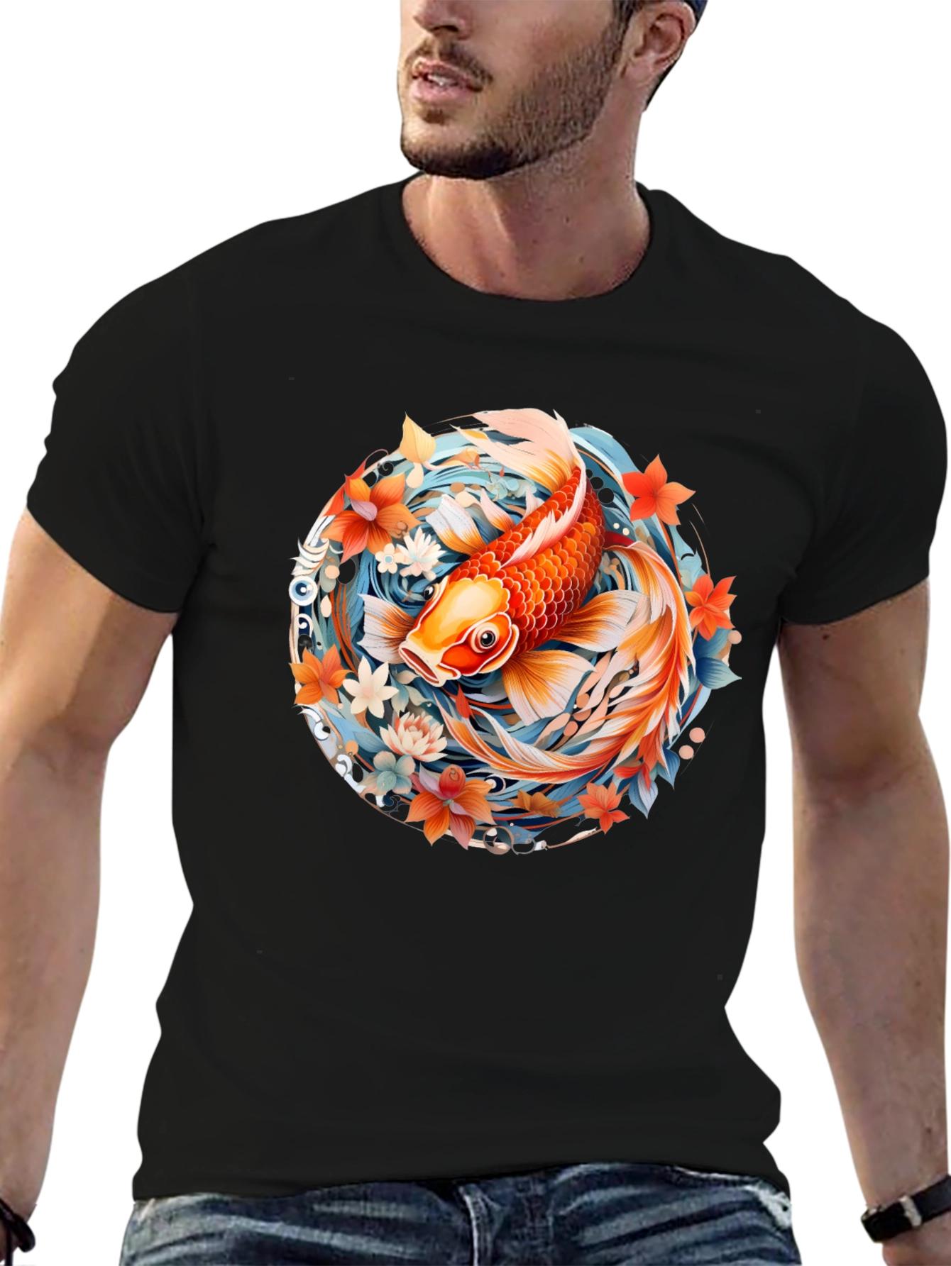 Koi Fish Graphic Print Black T-Shirt
