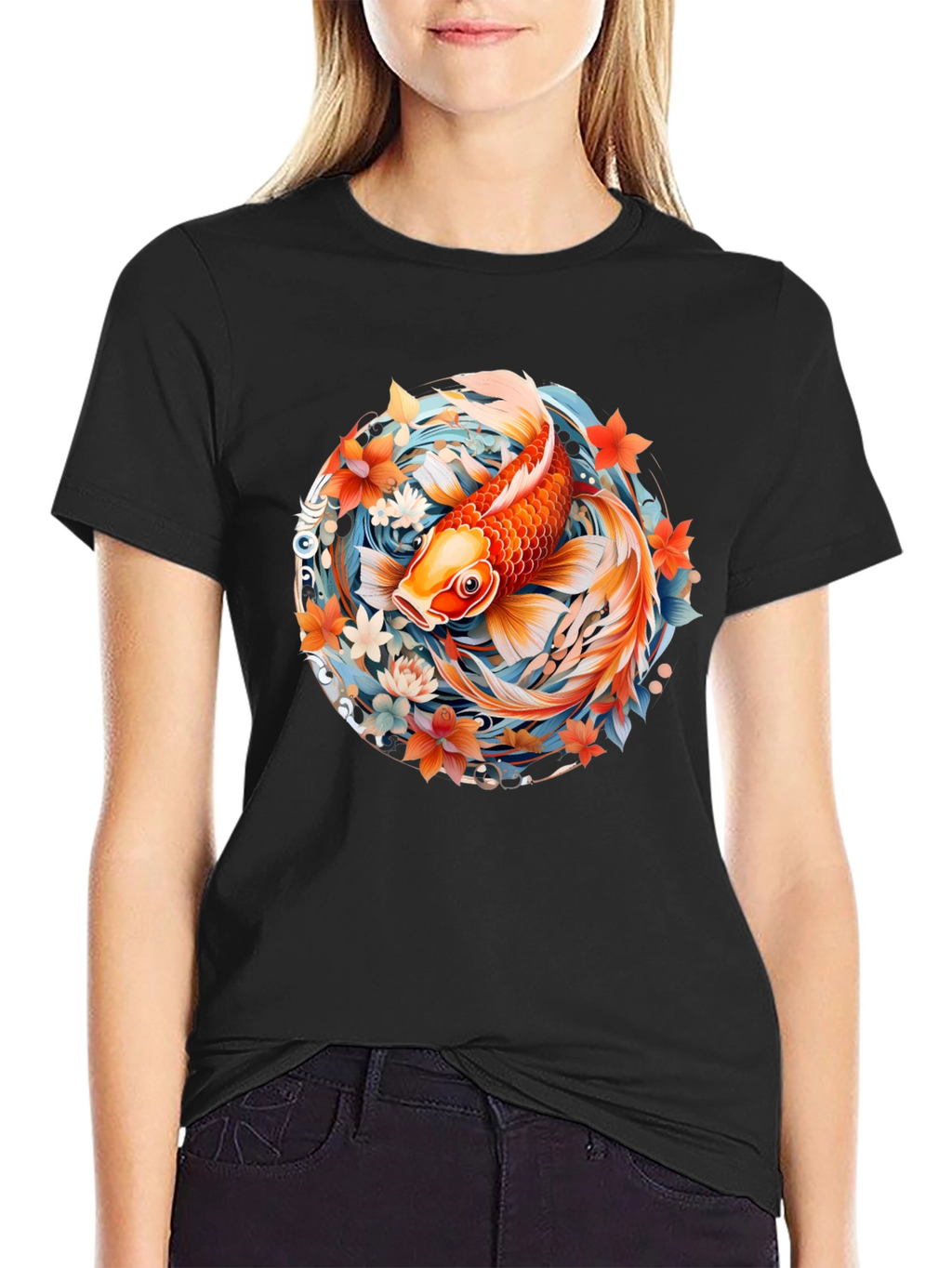 Koi Fish Graphic Print Black T-Shirt