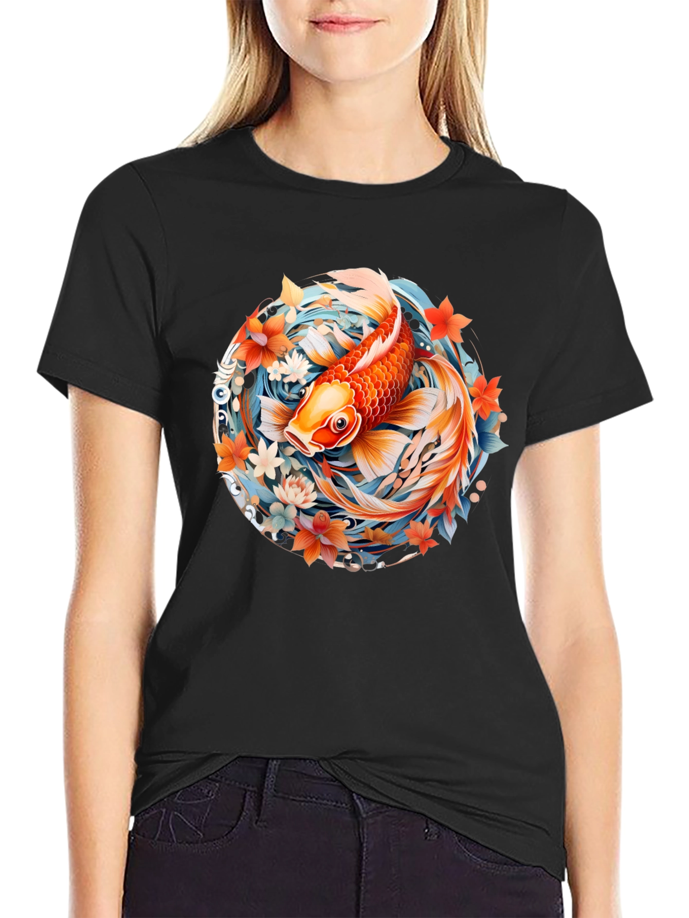 Koi Fish Graphic Print Black T-Shirt