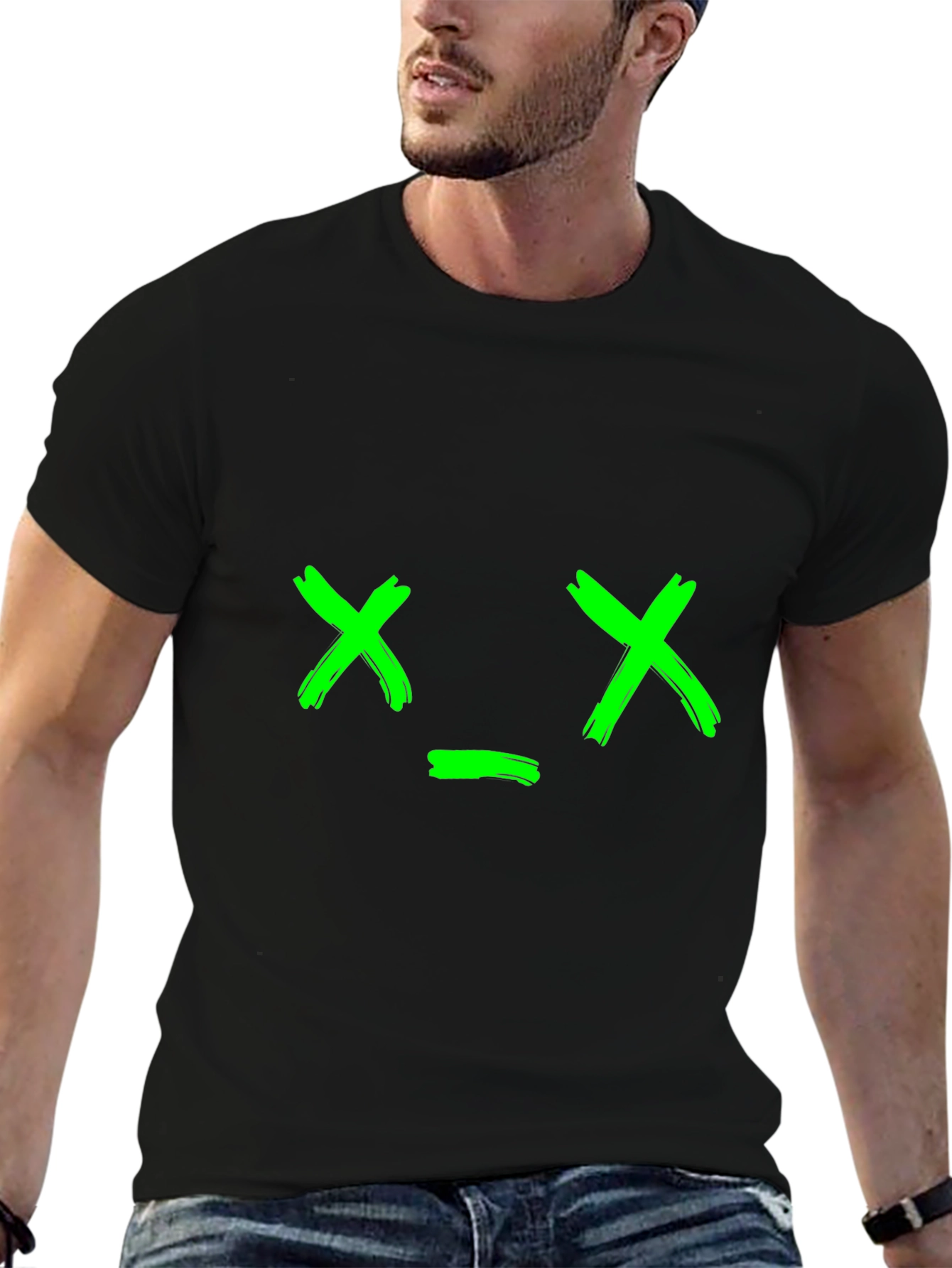 Green X Face Graphic Black T-Shirt