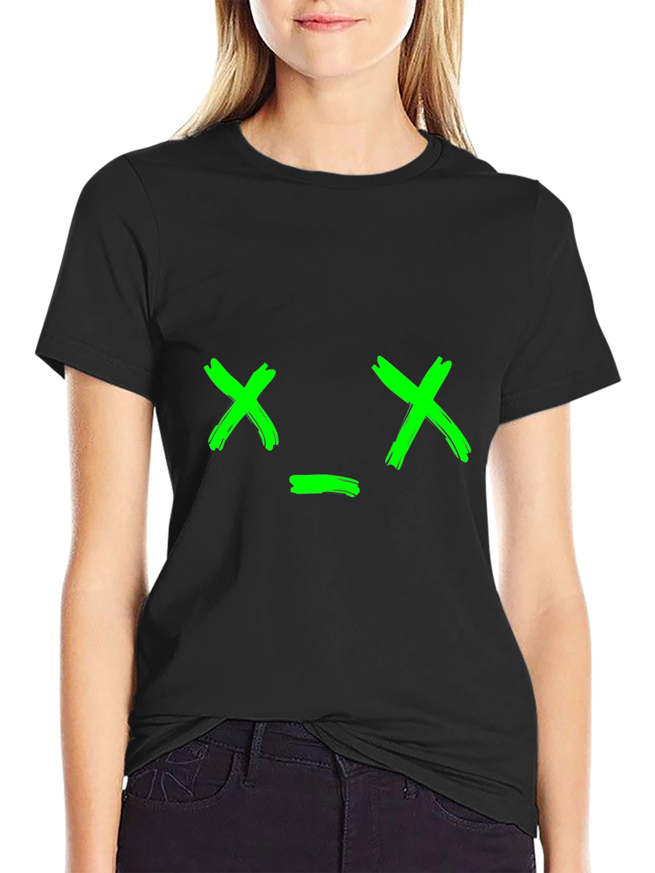 Green X Face Graphic Black T-Shirt