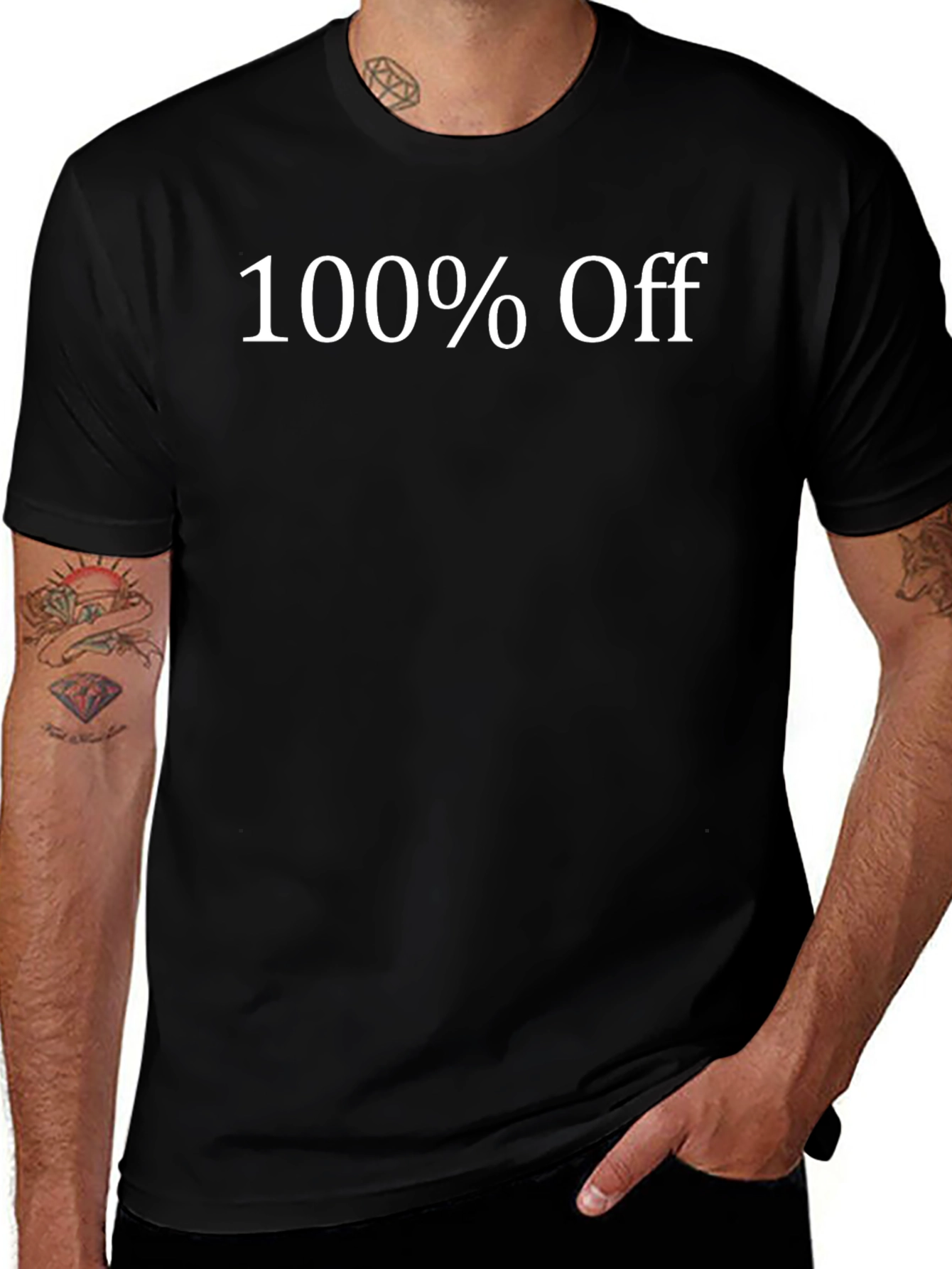 100% Off Black T-Shirt - Mens Short Sleeve Crew Neck Tee