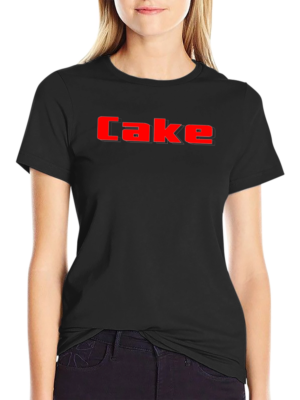 Cake Graphic Tee - Bold Red Lettering on Black