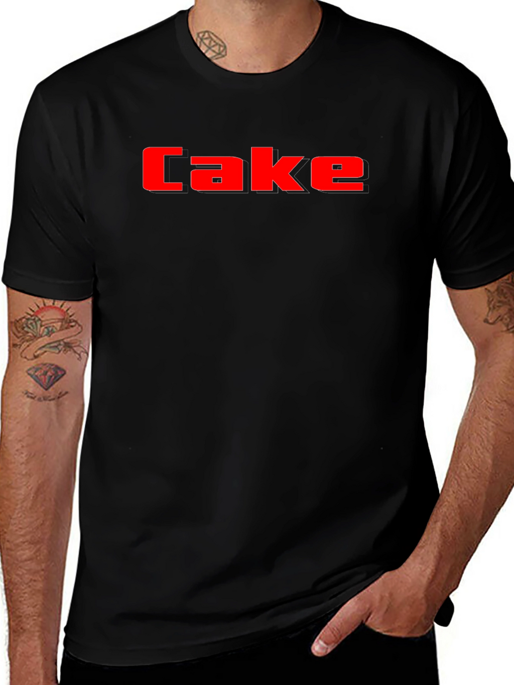 Cake Graphic Tee - Bold Red Lettering on Black