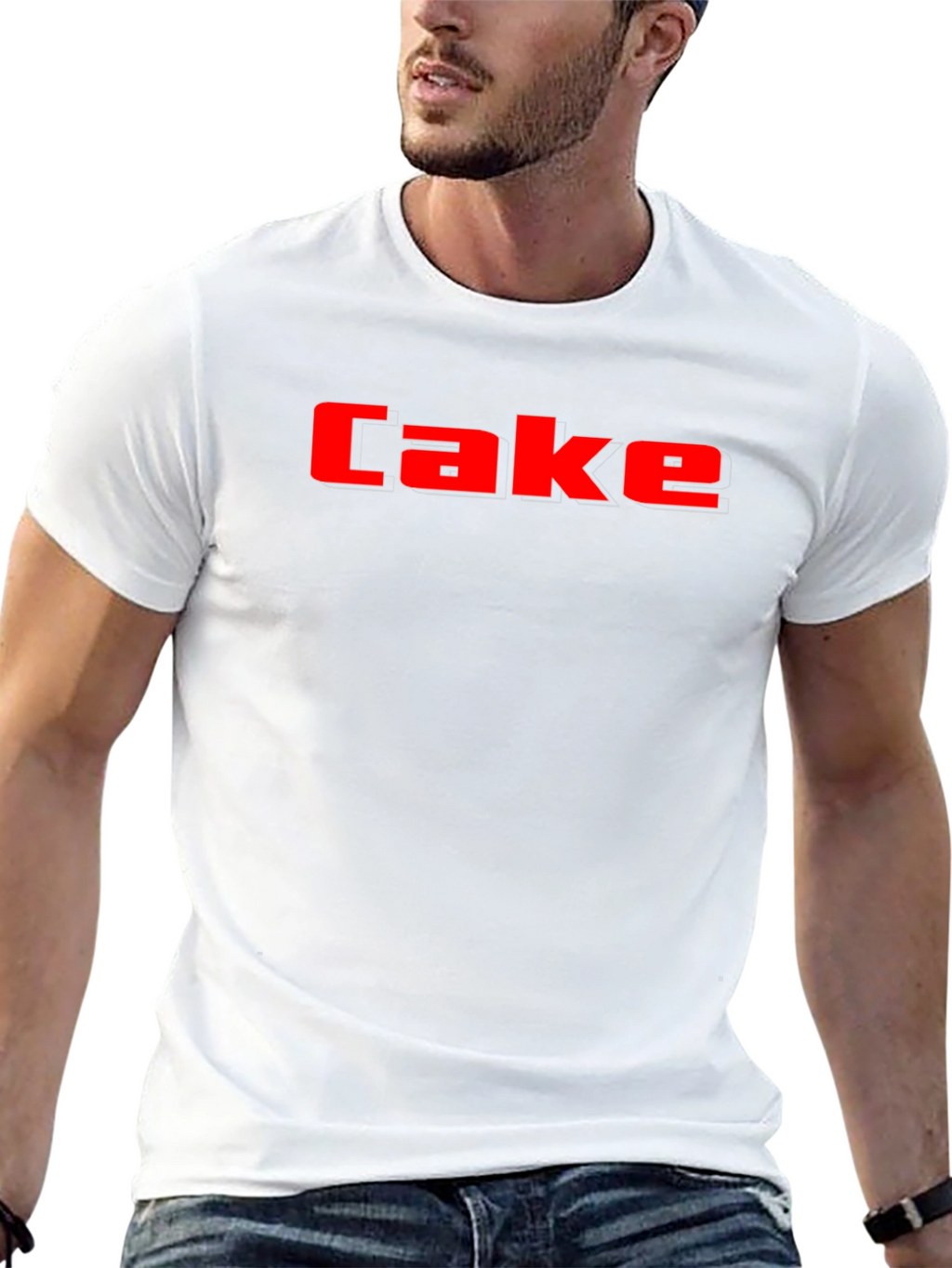 Cake Graphic Tee - Bold Red Lettering on Black