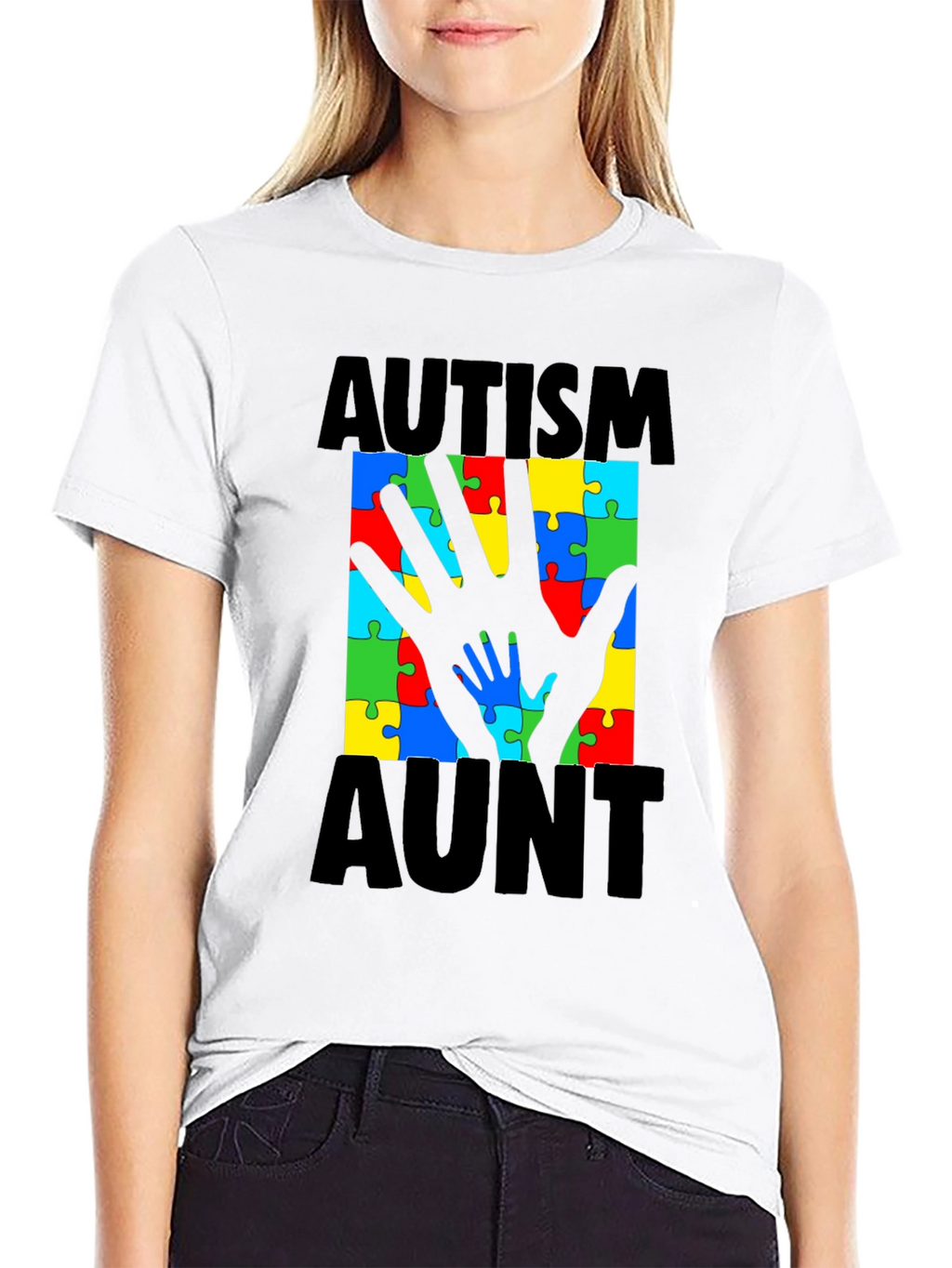 Autism Aunt T-Shirt: Puzzle Piece Hand Design