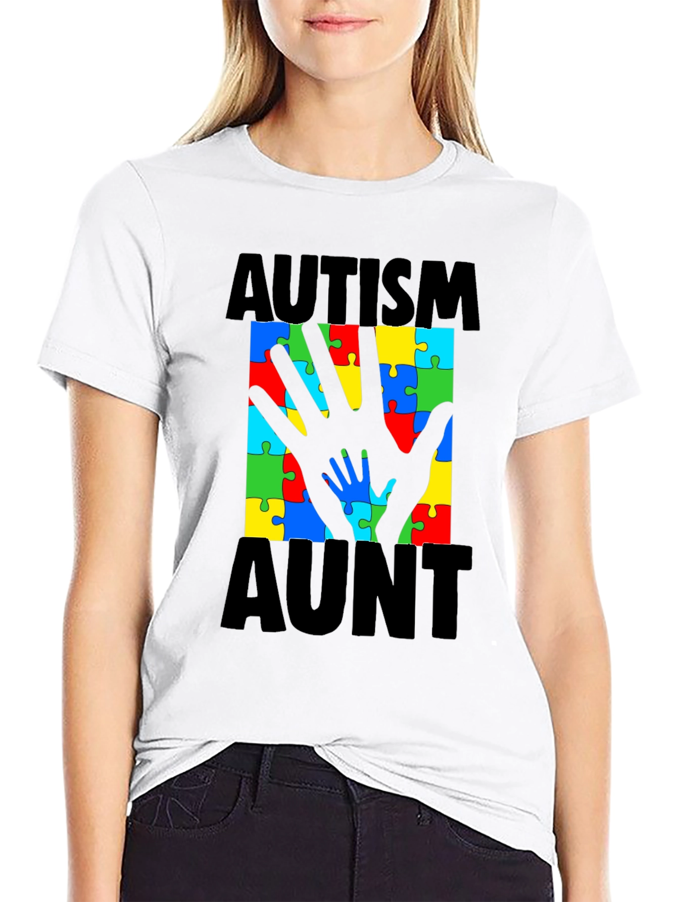 Autism Aunt T-Shirt: Puzzle Piece Hand Design