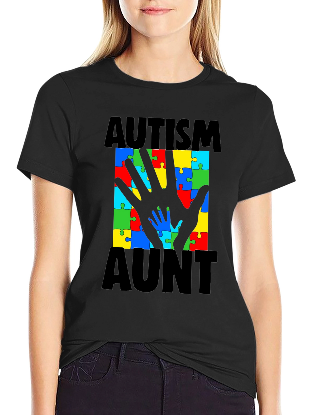 Autism Aunt T-Shirt: Puzzle Piece Hand Design