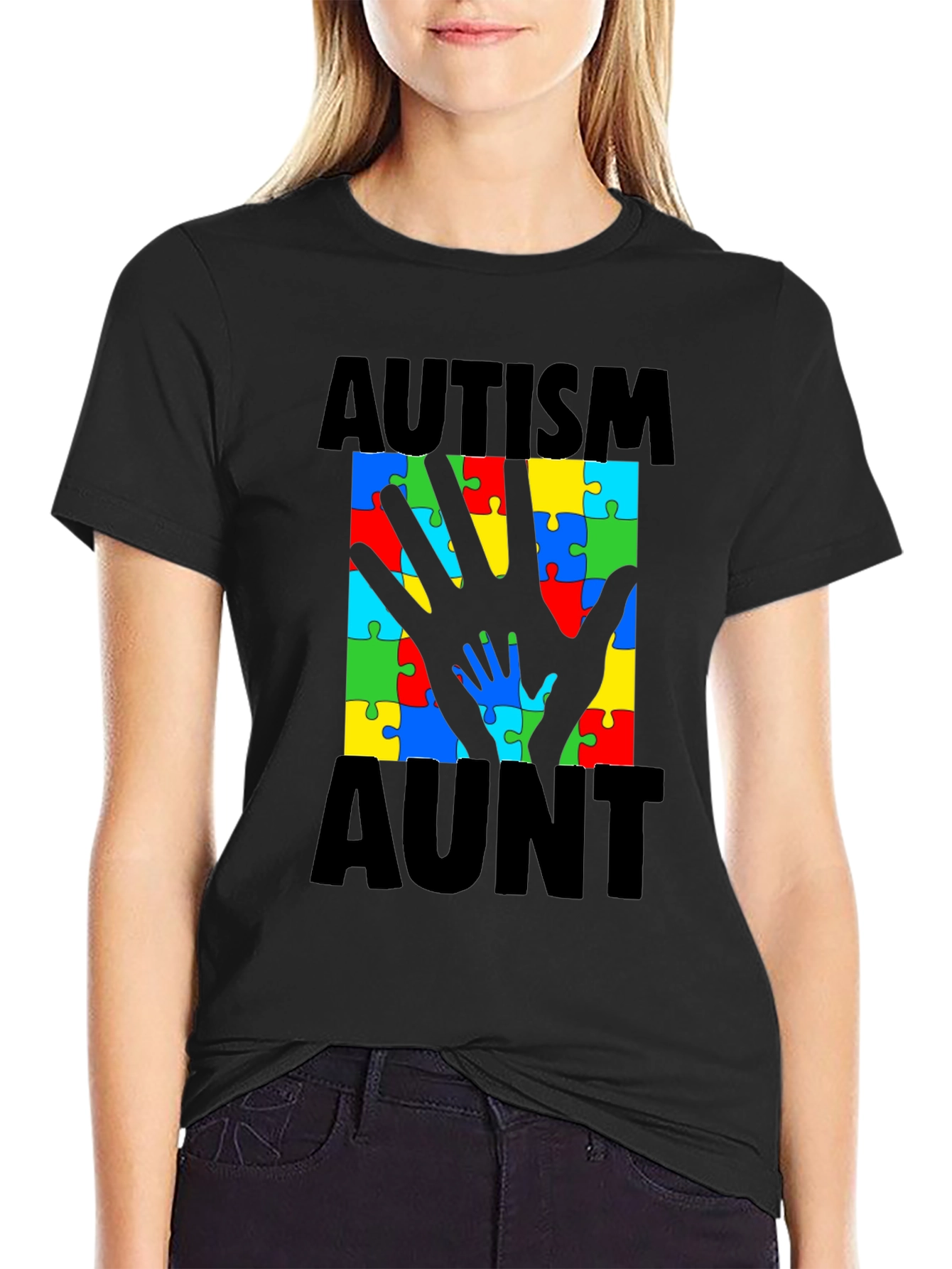 Autism Aunt T-Shirt: Puzzle Piece Hand Design