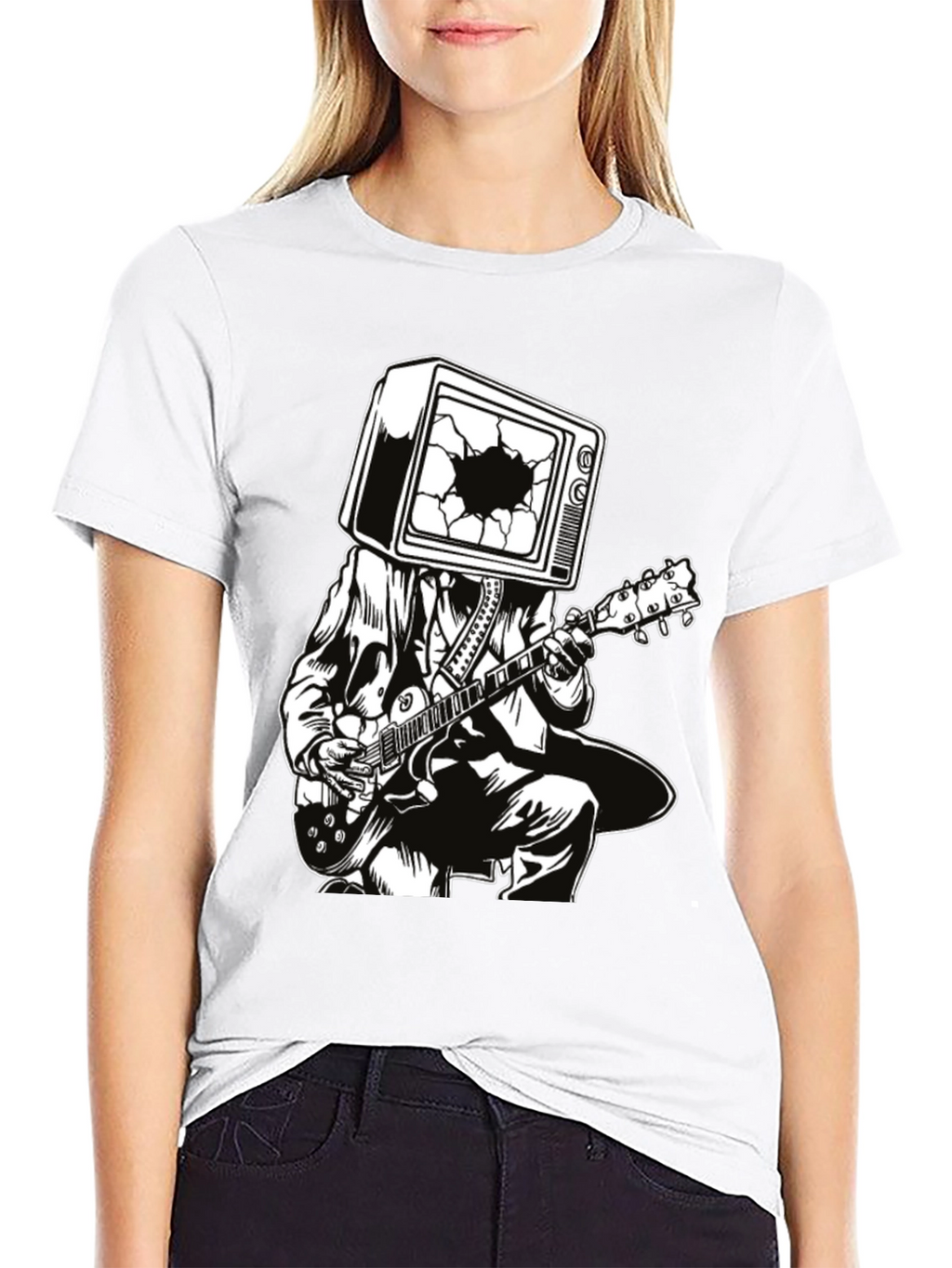 Guitar Man with TV Head Graphic T-Shirt
