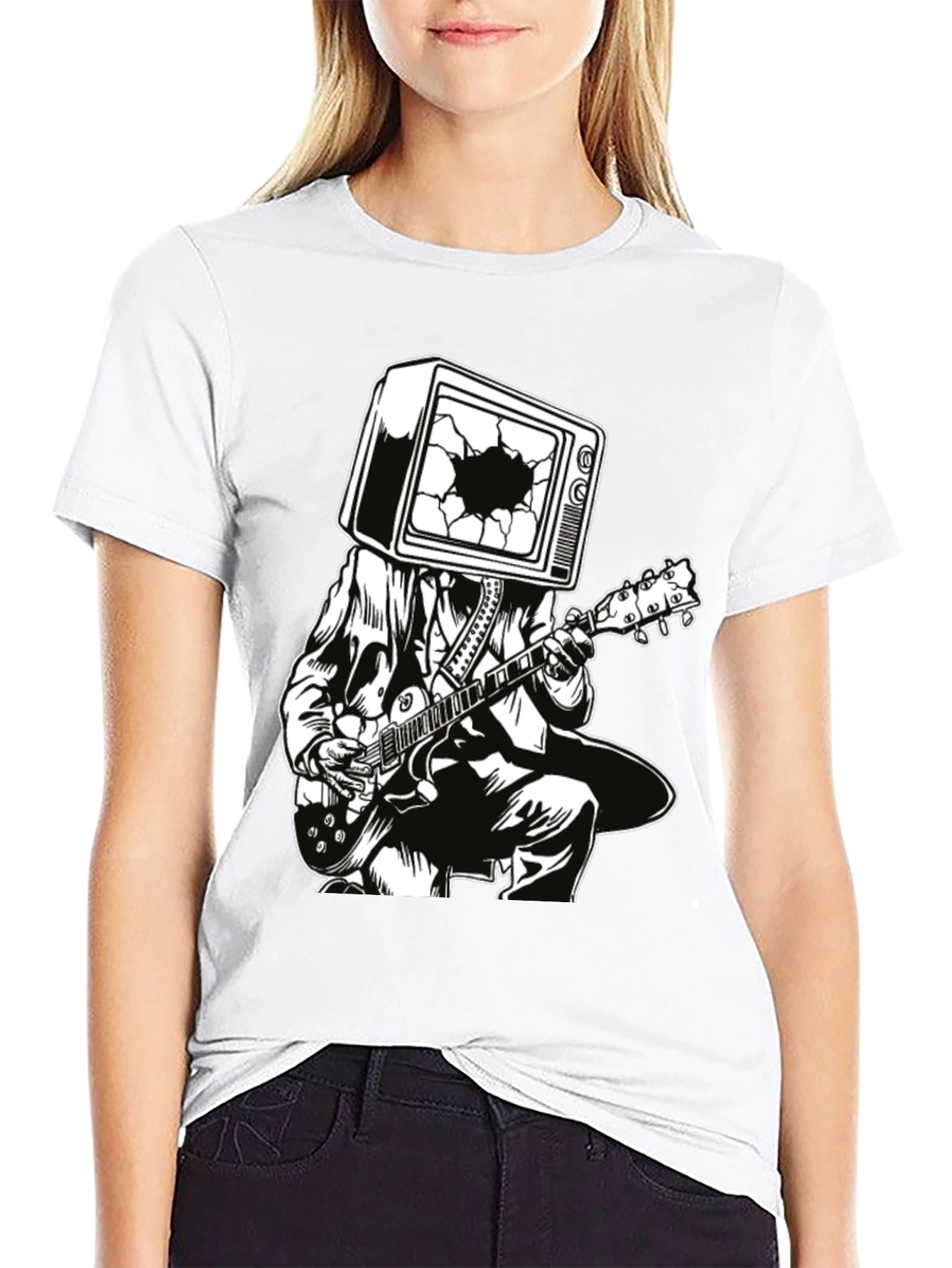 Guitar Man with TV Head Graphic T-Shirt