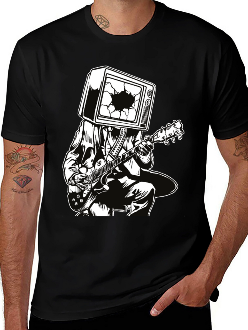 Guitar Man with TV Head Graphic T-Shirt