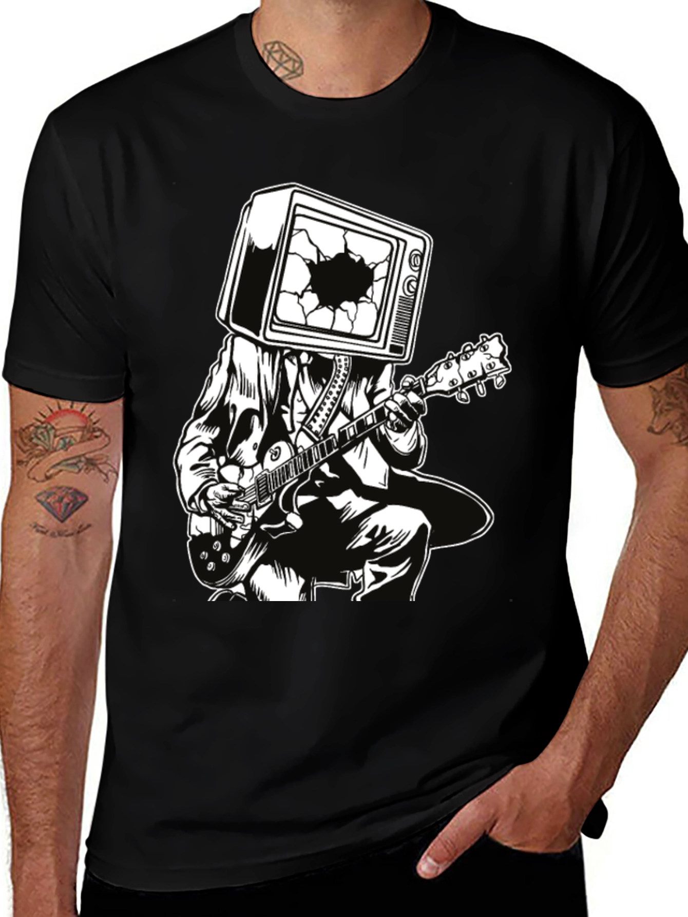 Guitar Man with TV Head Graphic T-Shirt