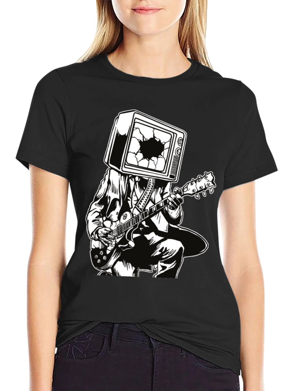 Guitar Man with TV Head Graphic T-Shirt