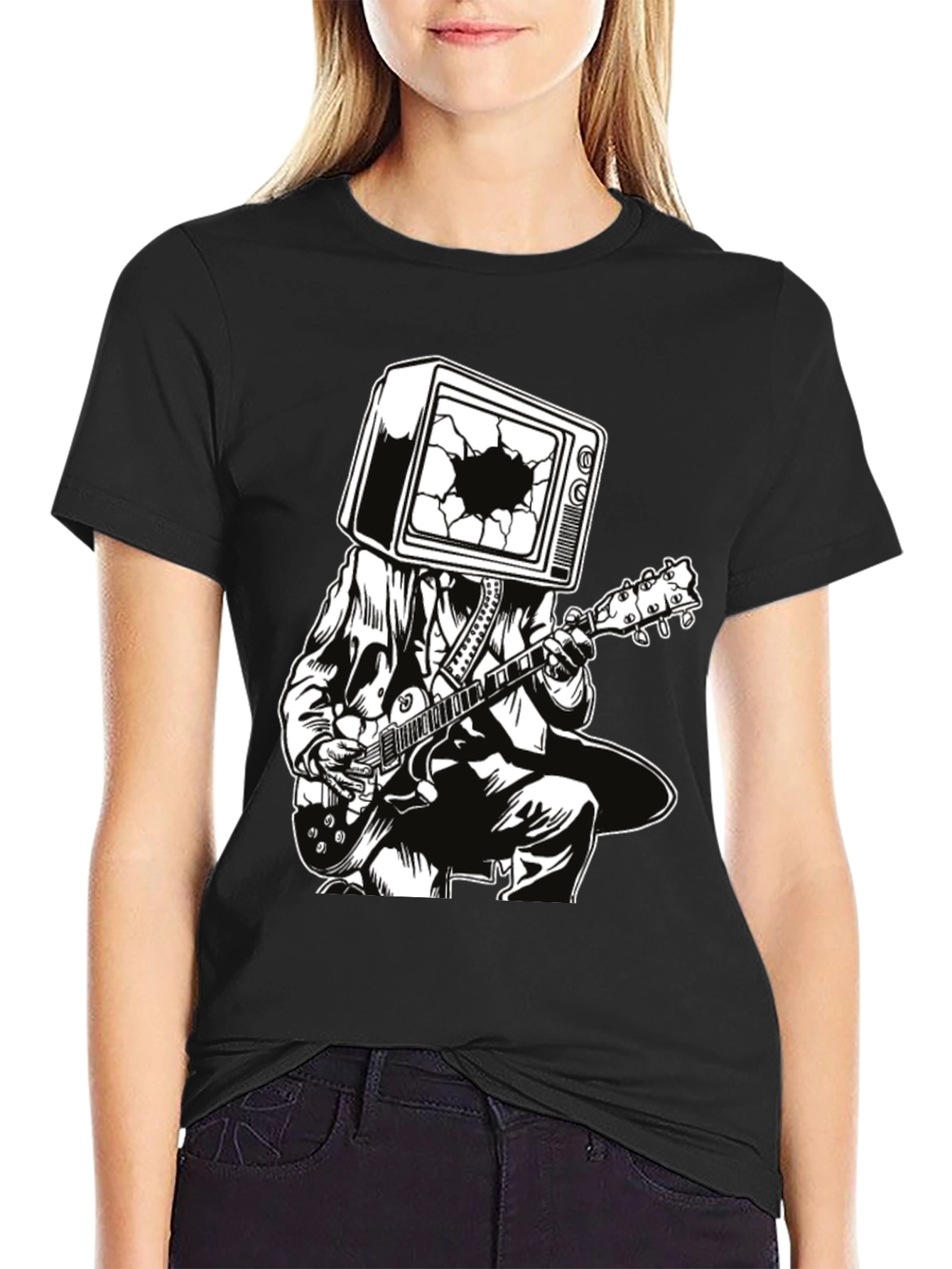 Guitar Man with TV Head Graphic T-Shirt