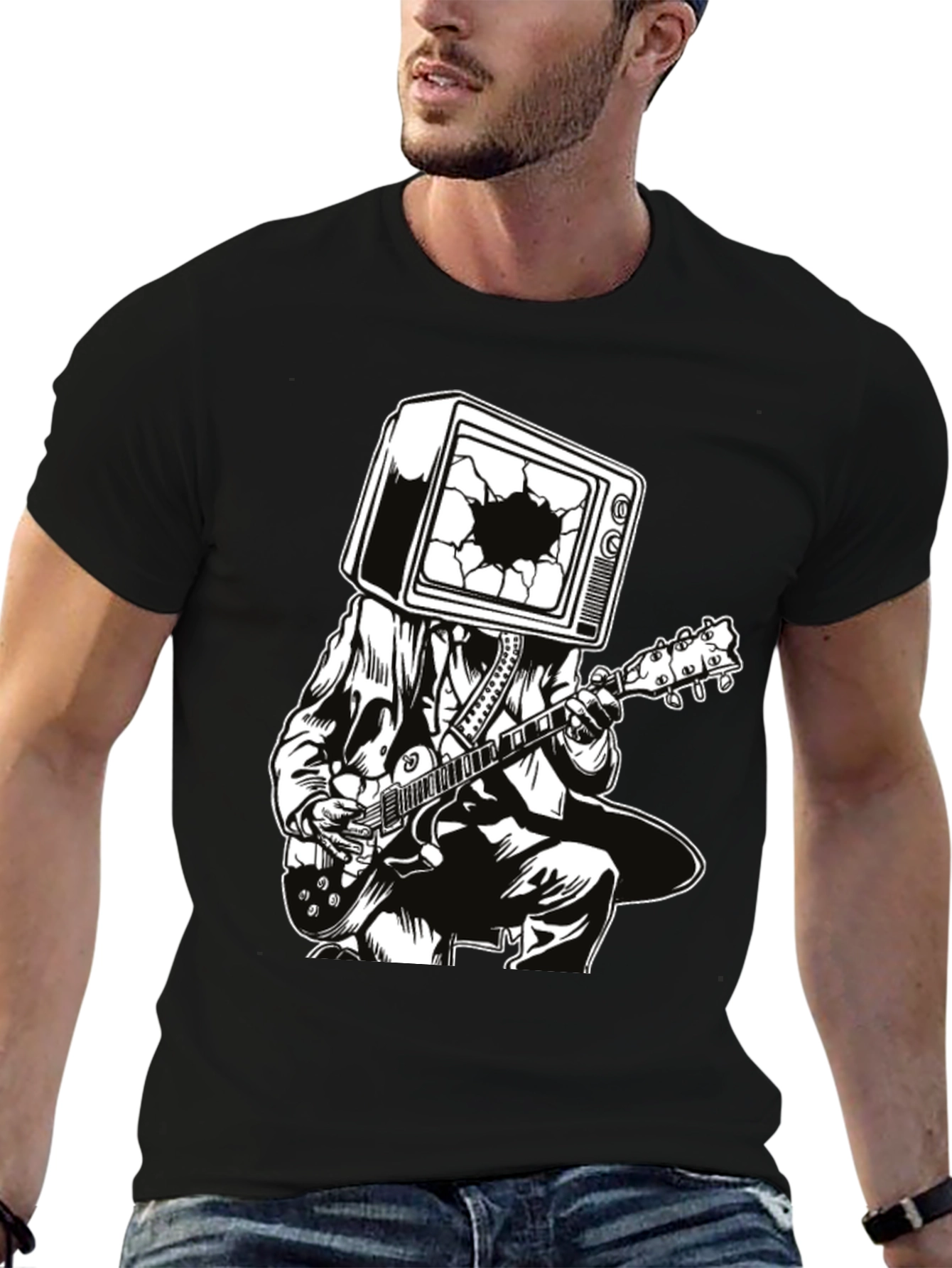Guitar Man with TV Head Graphic T-Shirt