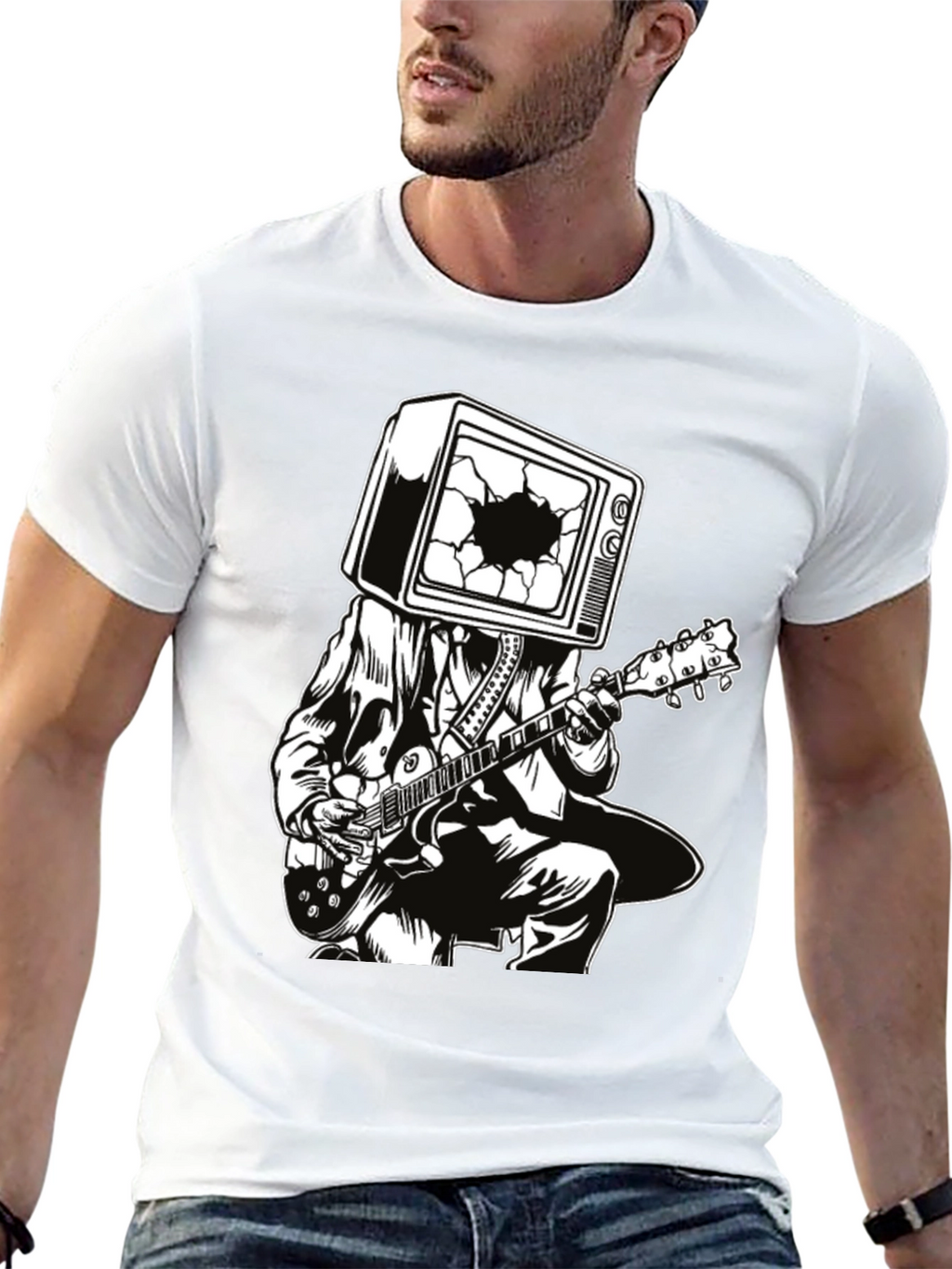 Guitar Man with TV Head Graphic T-Shirt
