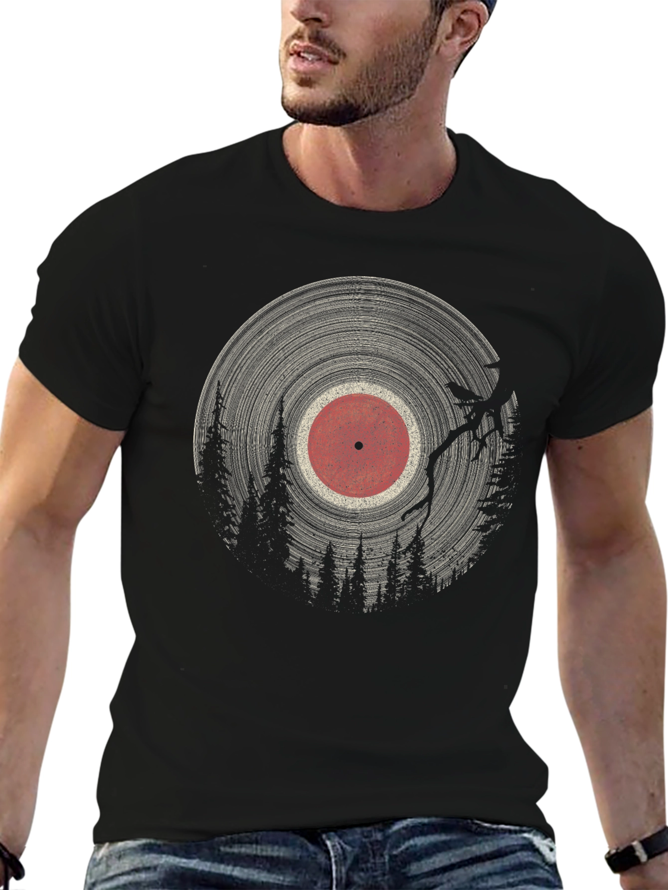 Vinyl Record & Forest Graphic Tee - Black