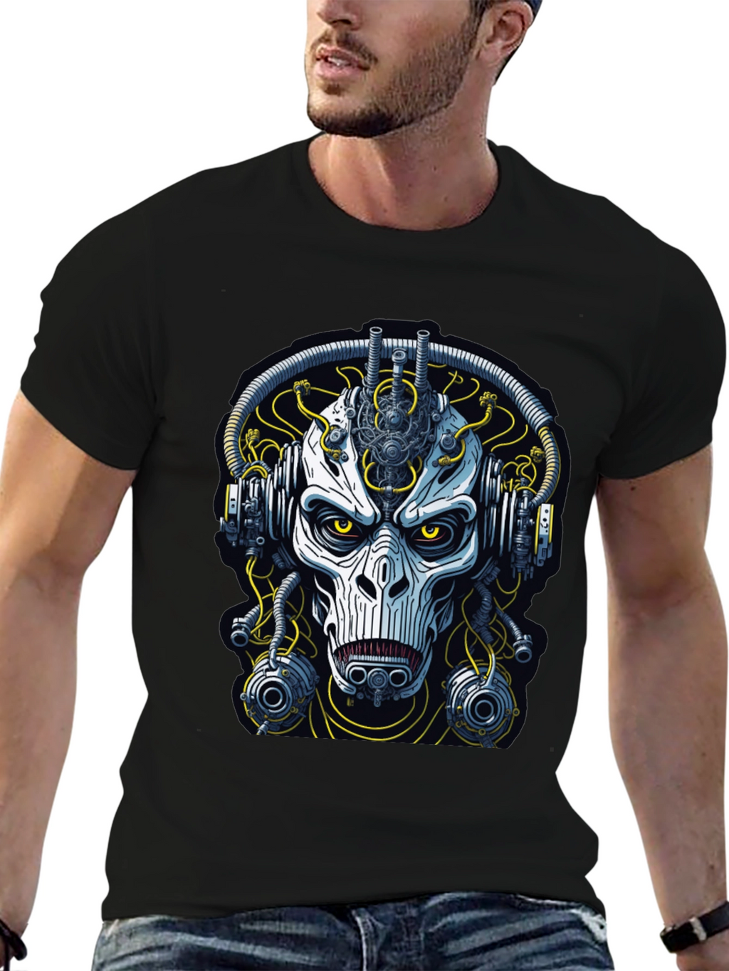 Cyberpunk Skull Graphic Tee - Mens Black T-Shirt