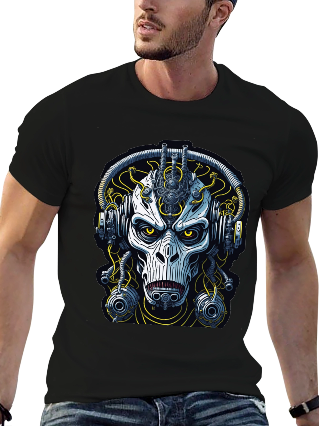 Cyberpunk Skull Graphic Tee - Mens Black T-Shirt