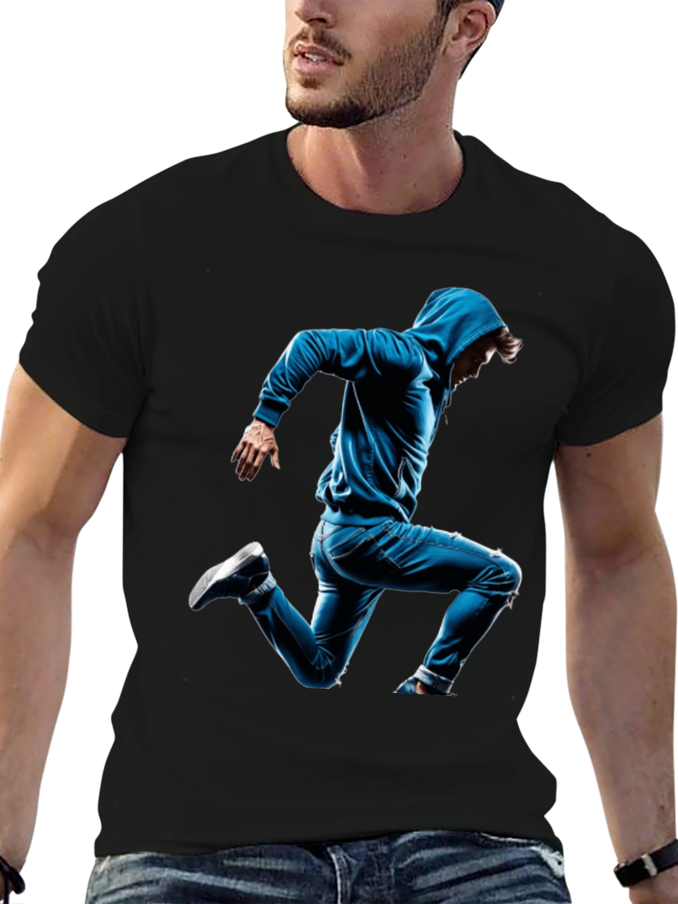 Black T-Shirt with Blue Hoodie Jumper Design