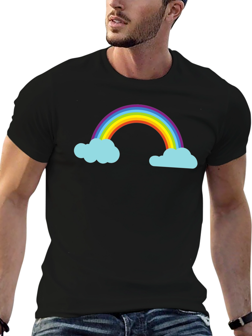 Rainbow and Cloud Graphic Black T-Shirt