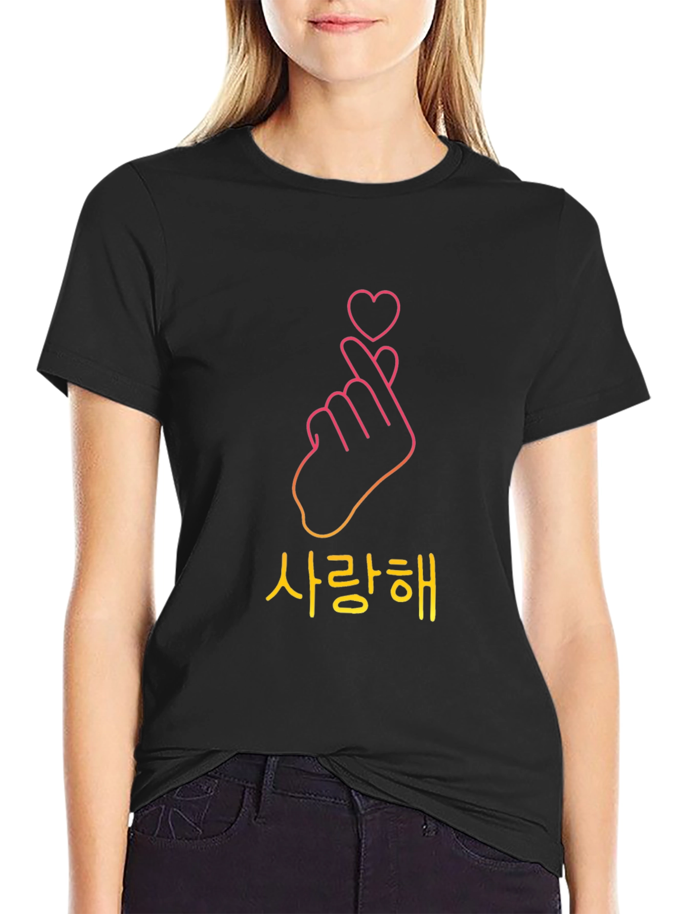 Korean Finger Heart Black T-Shirt