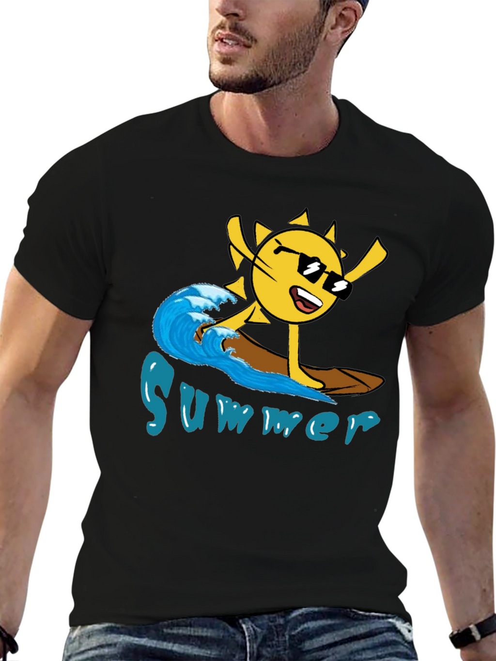 Summer Surfing Sun Black T-Shirt