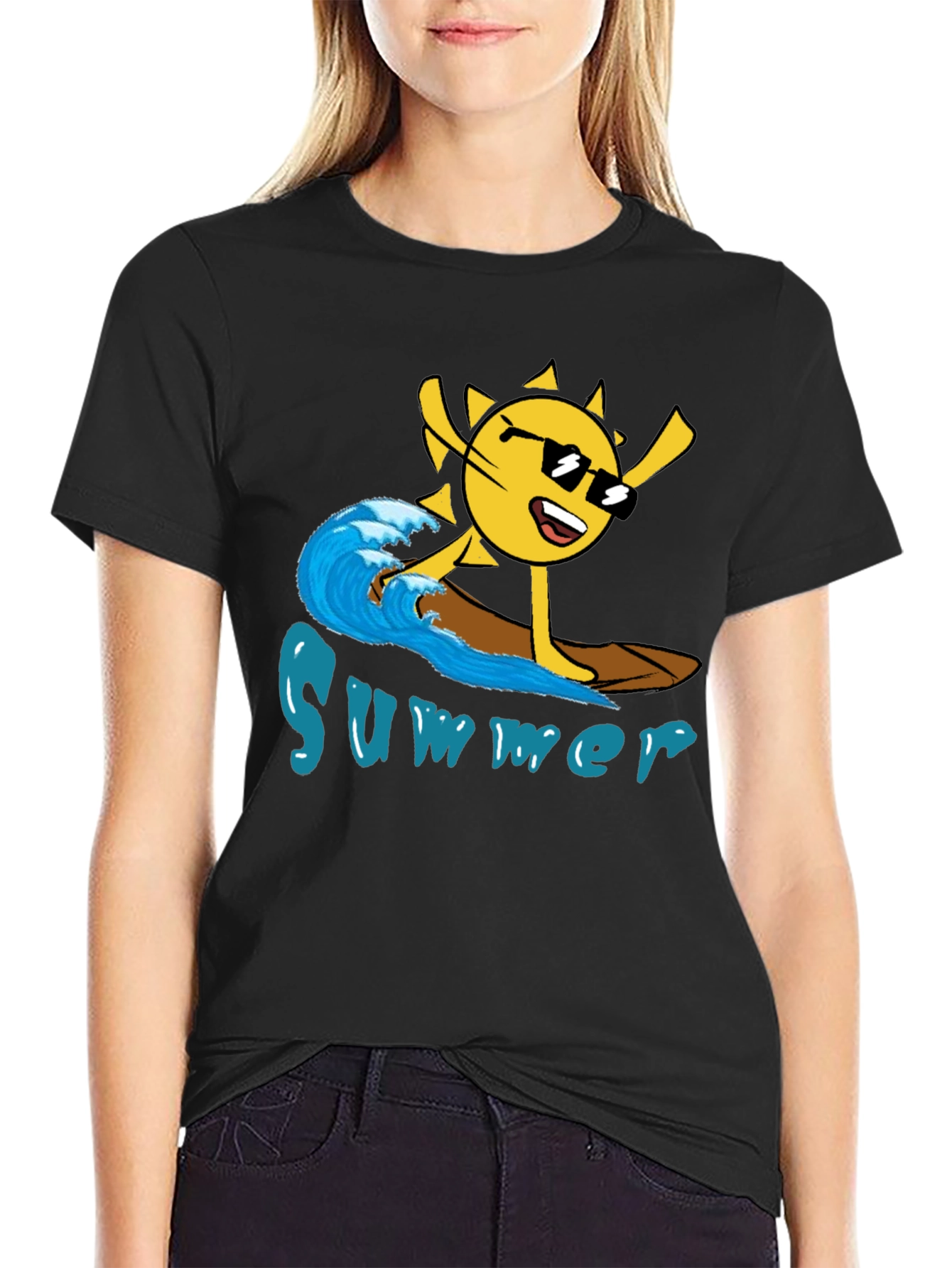Summer Surfing Sun Black T-Shirt